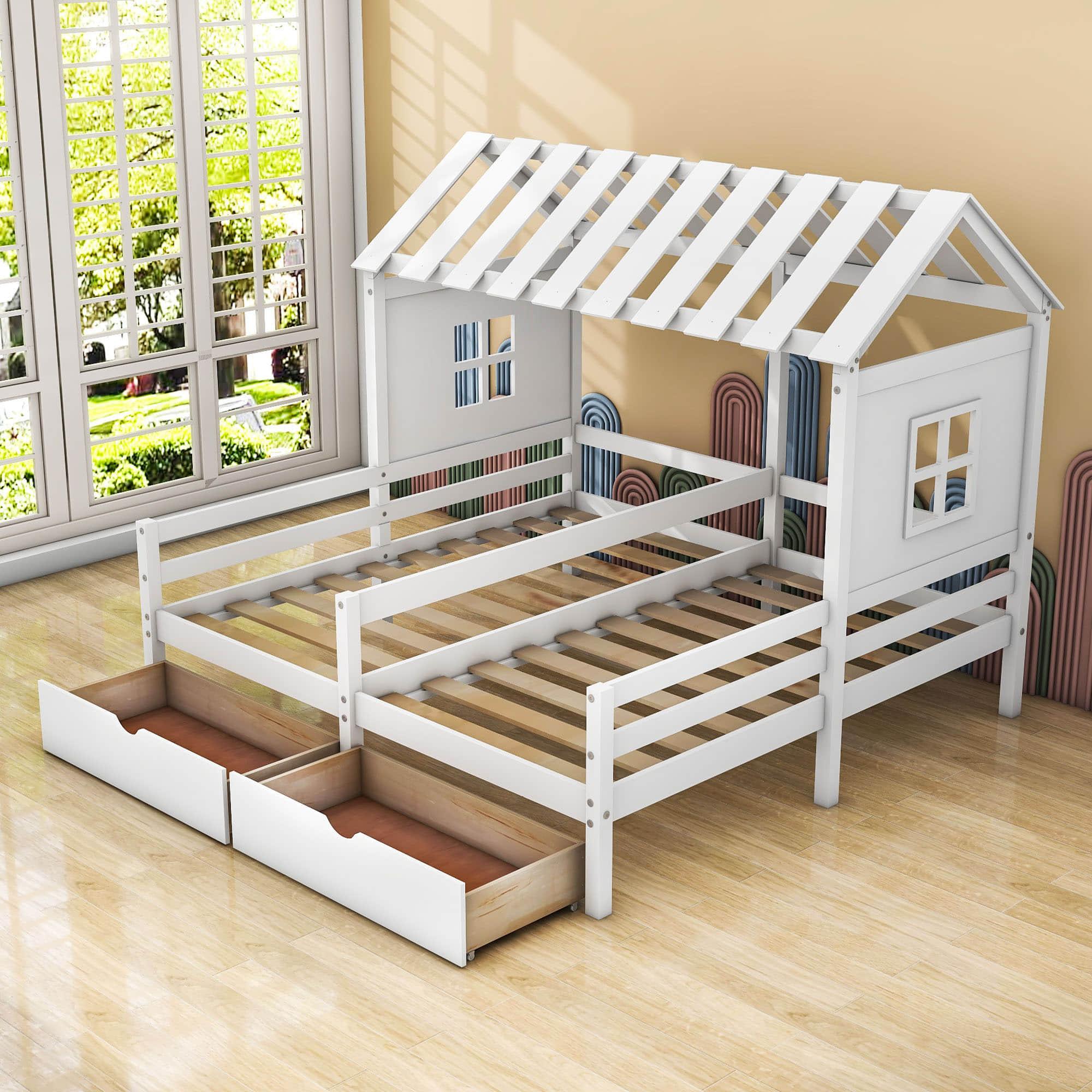 Double Twin House Platform Bed with Storage for 2 Kids to Share