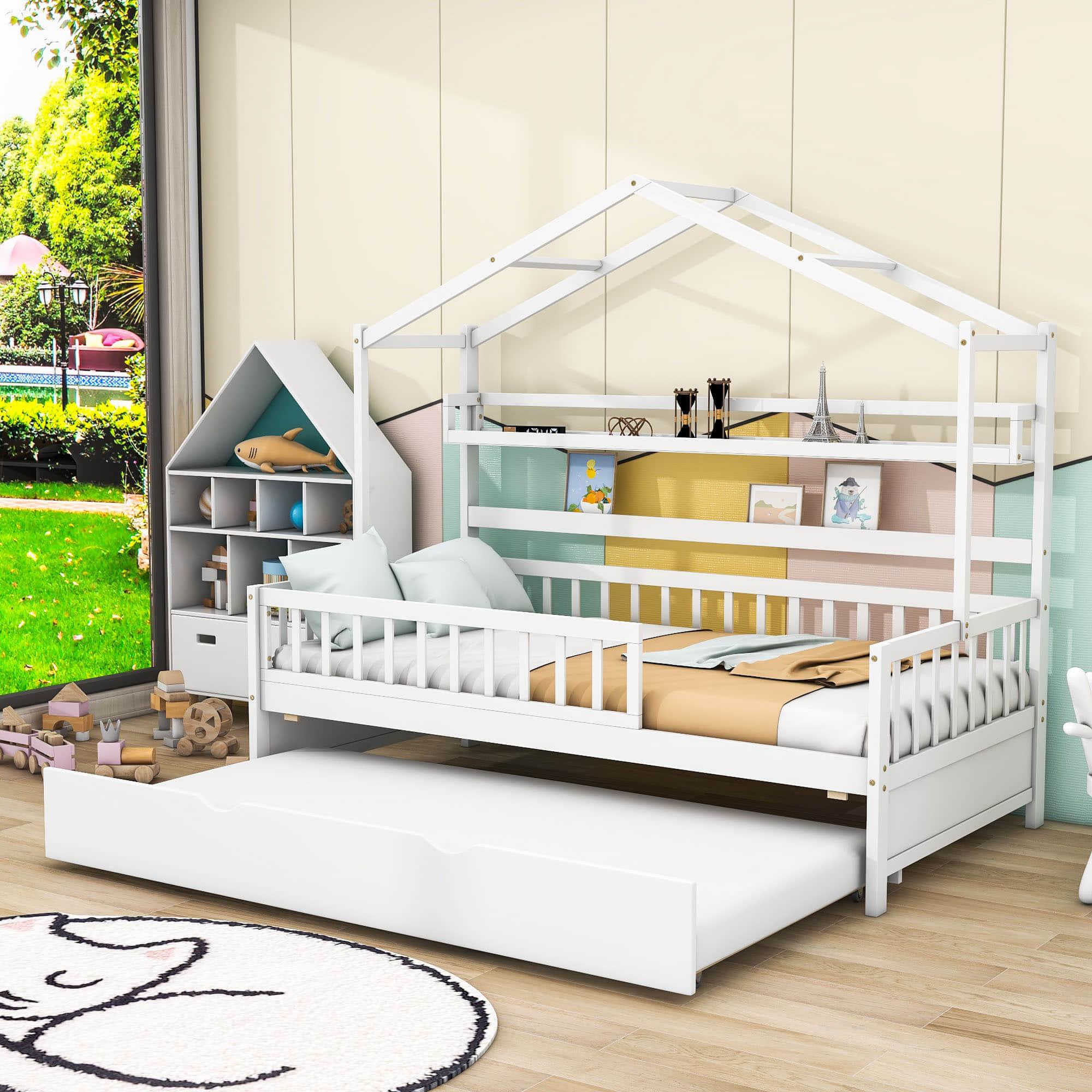 Wood Twin Size Low House Bed Frame with Storage and Twin Trundle Bed