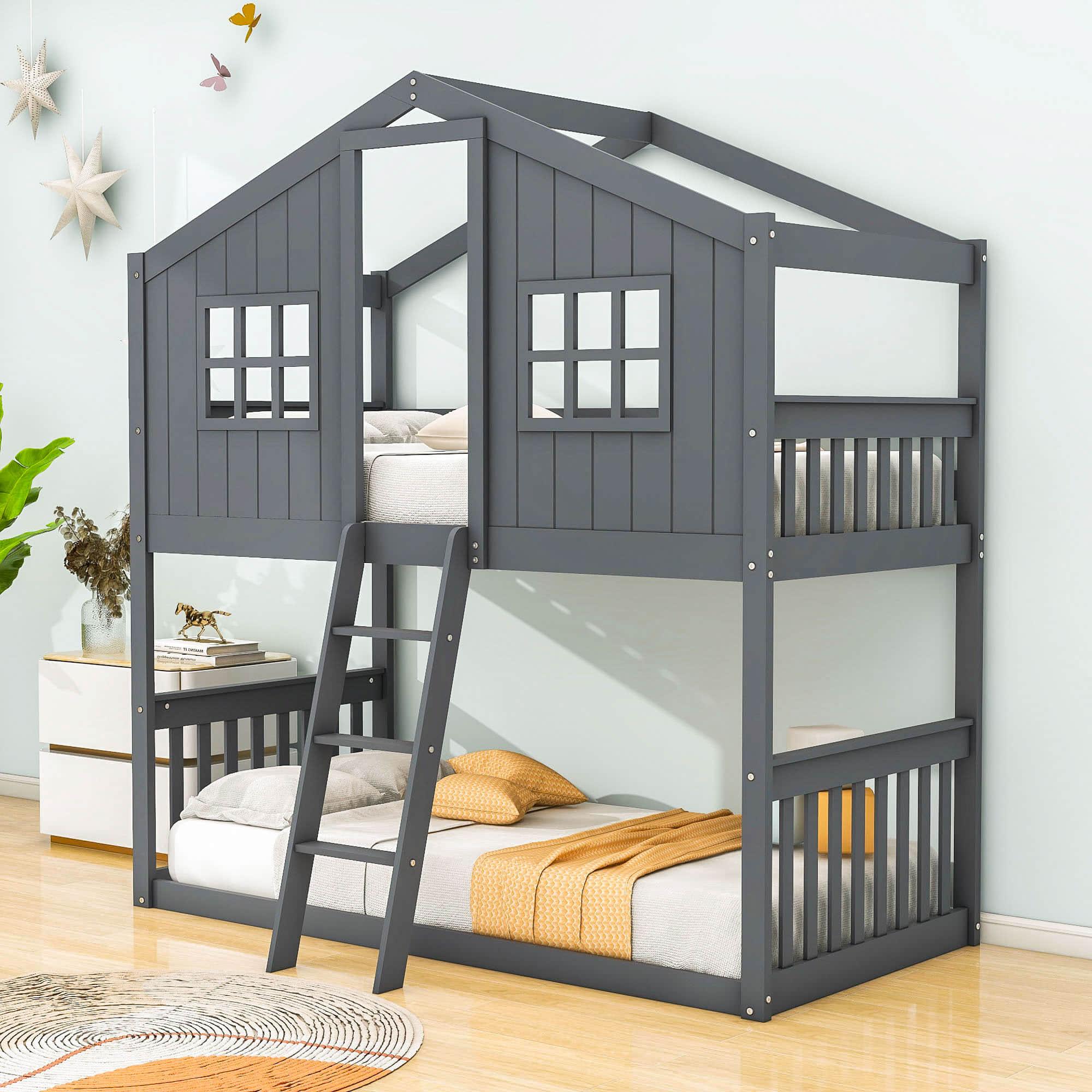 Low Twin Over Twin House Bunk Beds for Kids Toddler - [Wooden, Floor]