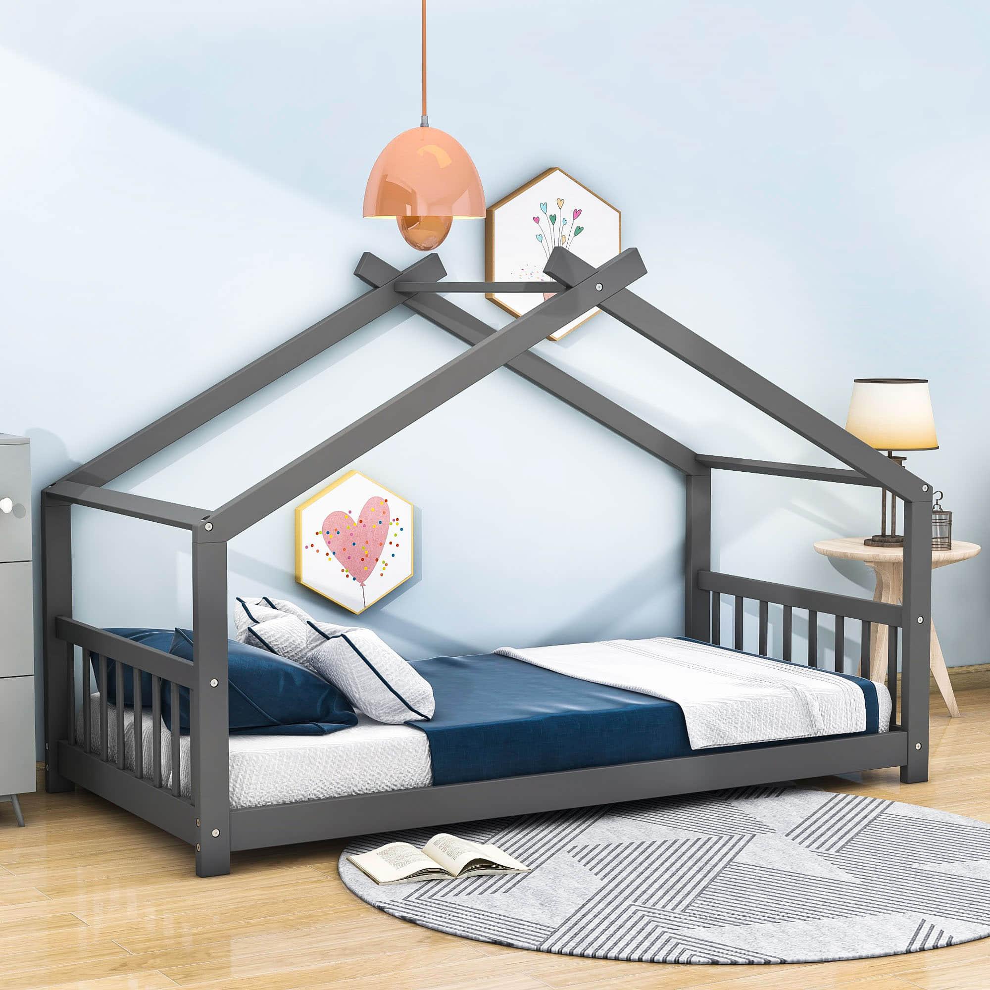 Wooden Twin Low House Bed Frame for Toddler, Kids