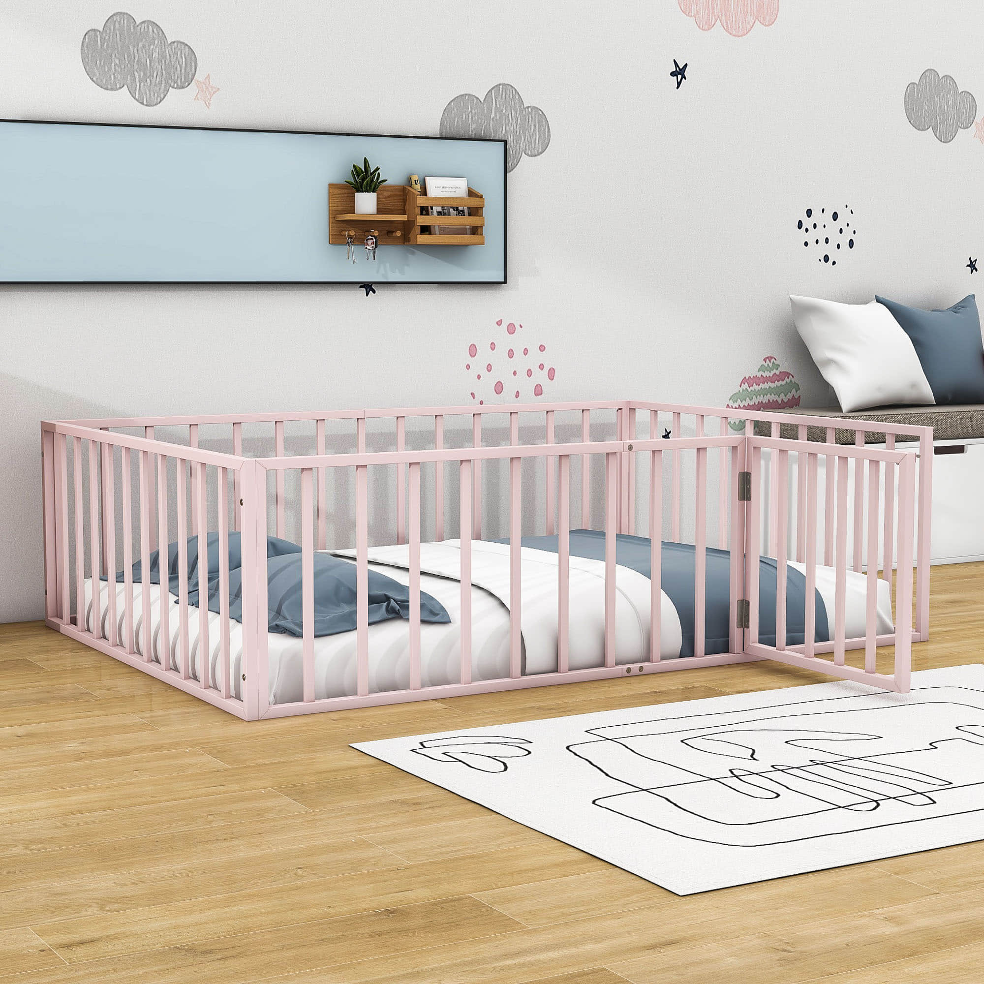 Montessori Full Size Metal Toddler Floor Bed with Rails for Kids