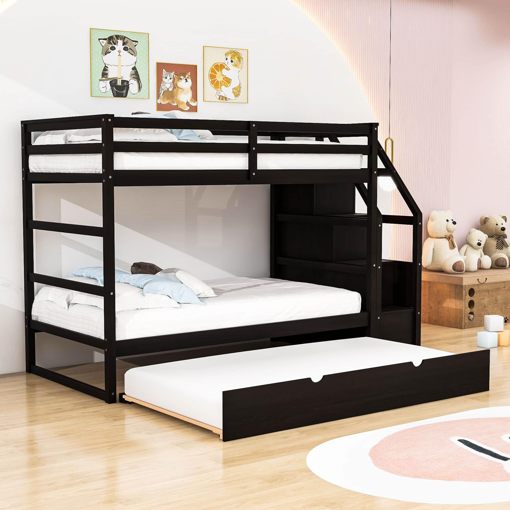 Low Twin Over Twin Bunk Beds for Kids with Storage Stairs and Trundle