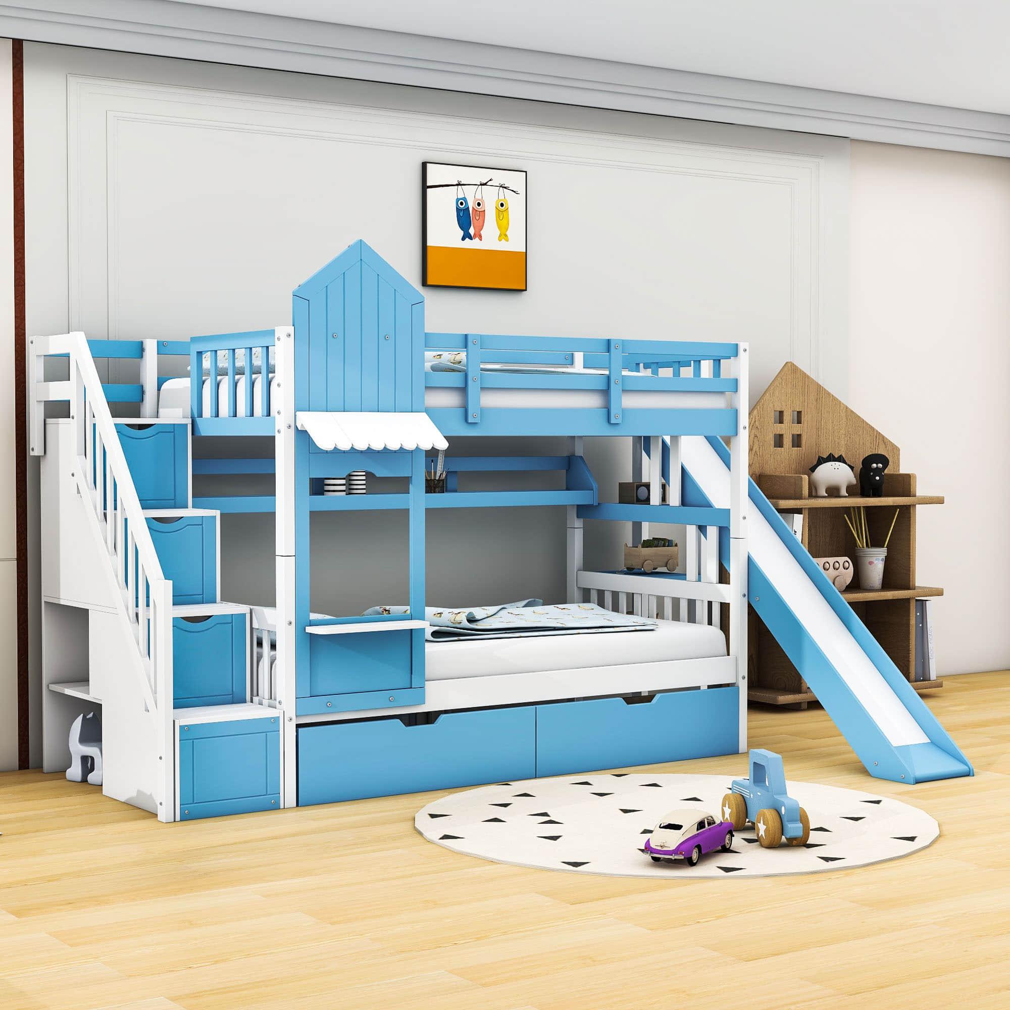 Girls Twin Over Twin Castle Bunk Bed with Slide and Stairs, Storage