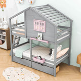 Wood Twin Over Twin Kids House Bunk Beds with Storage - [Drawers, Shelf]