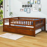 Wooden Full Size Low Kids Bed with Twin Size Trundle and Rails