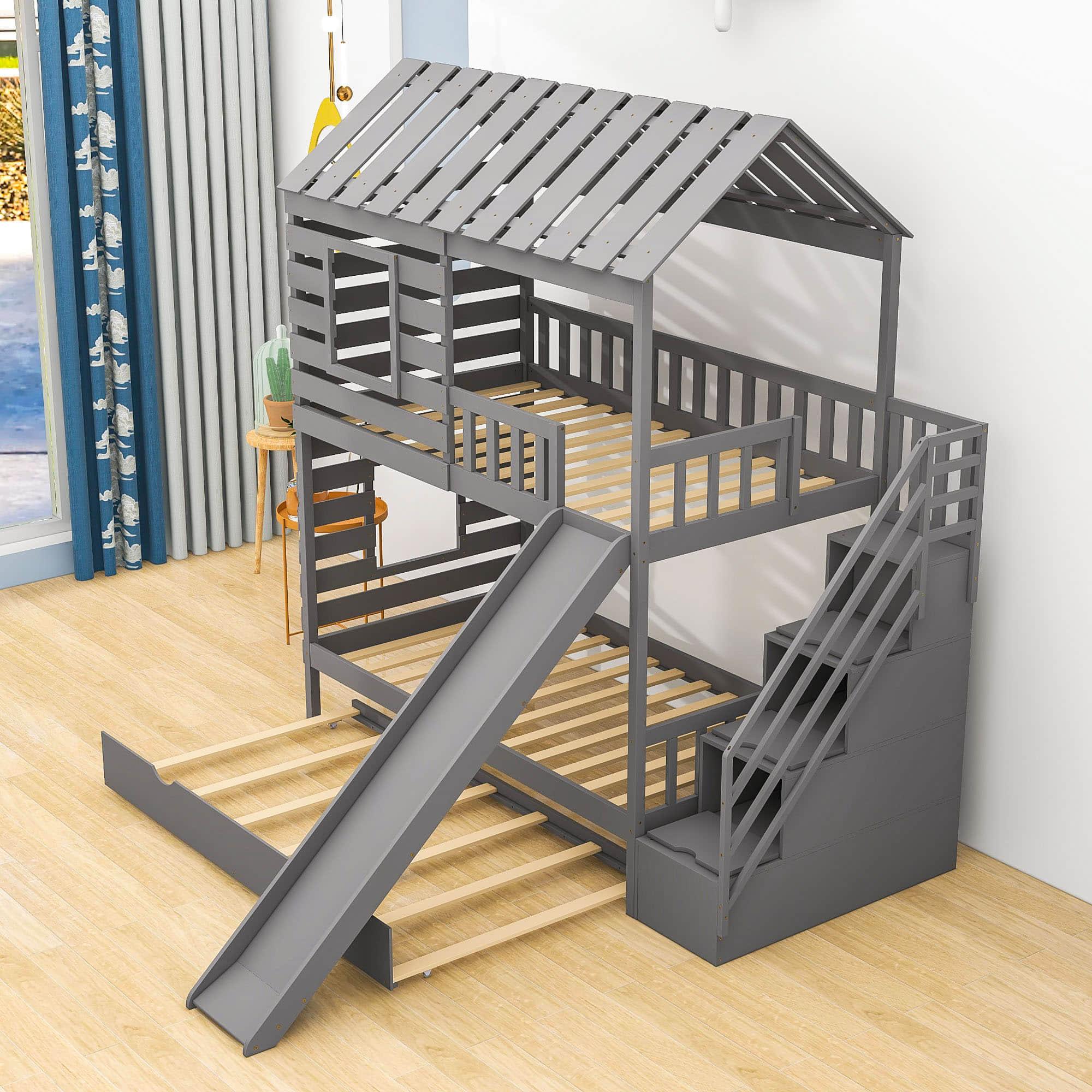 Twin Over Twin House Bunk Beds with Slide and Stairs, Trundle for Kids - [Wooden]