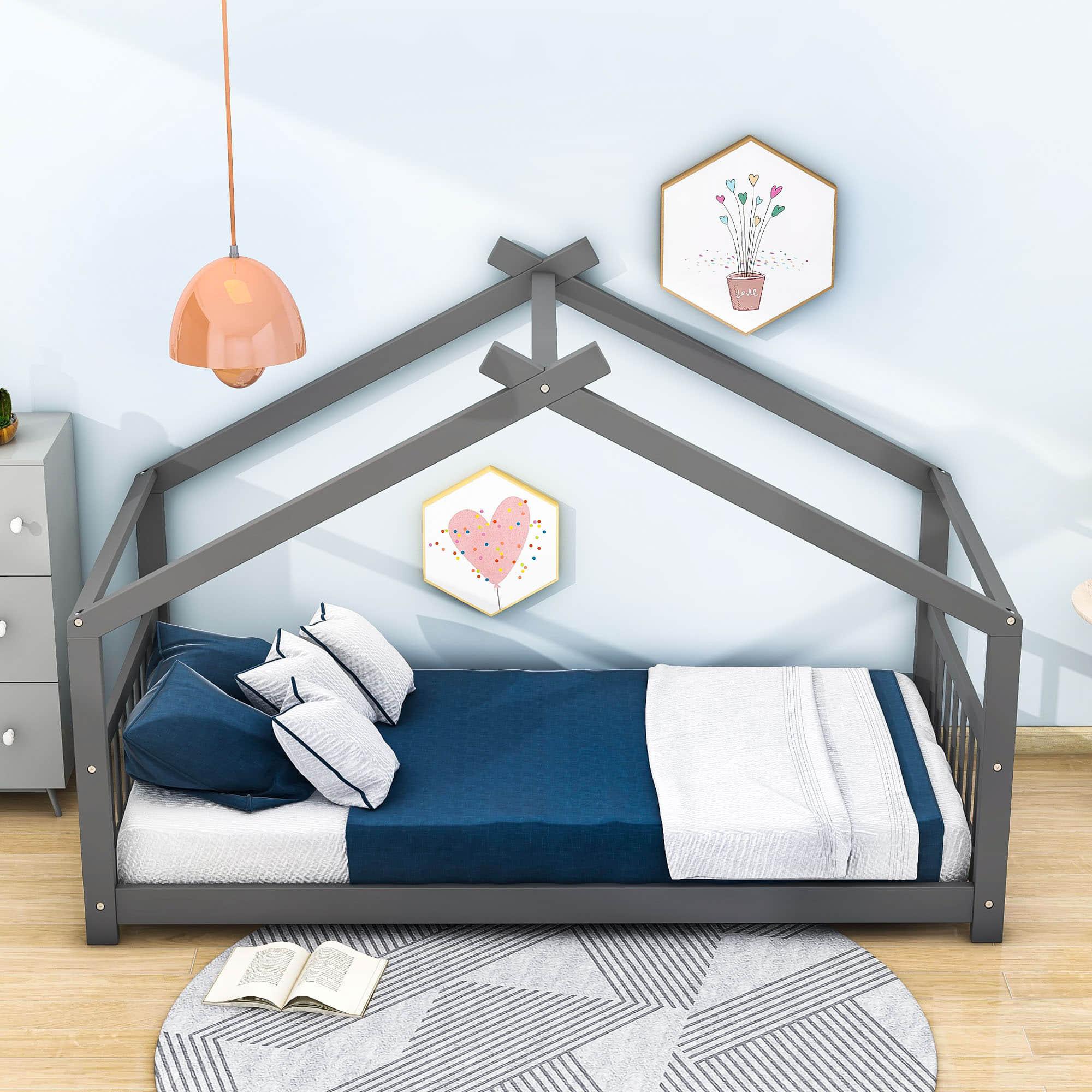 Wooden Twin Low House Bed Frame for Toddler, Kids