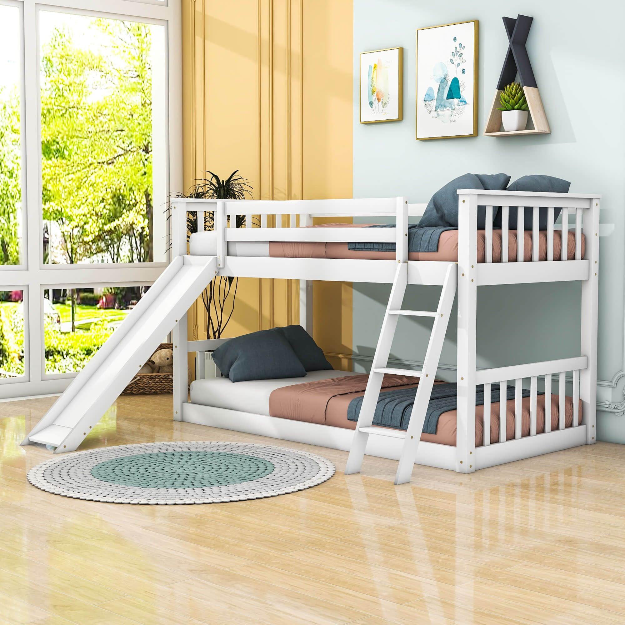 Low Twin Over Twin Bunk Beds with Slide for Kids Toddler - [Wooden, Floor, Interchangeable]