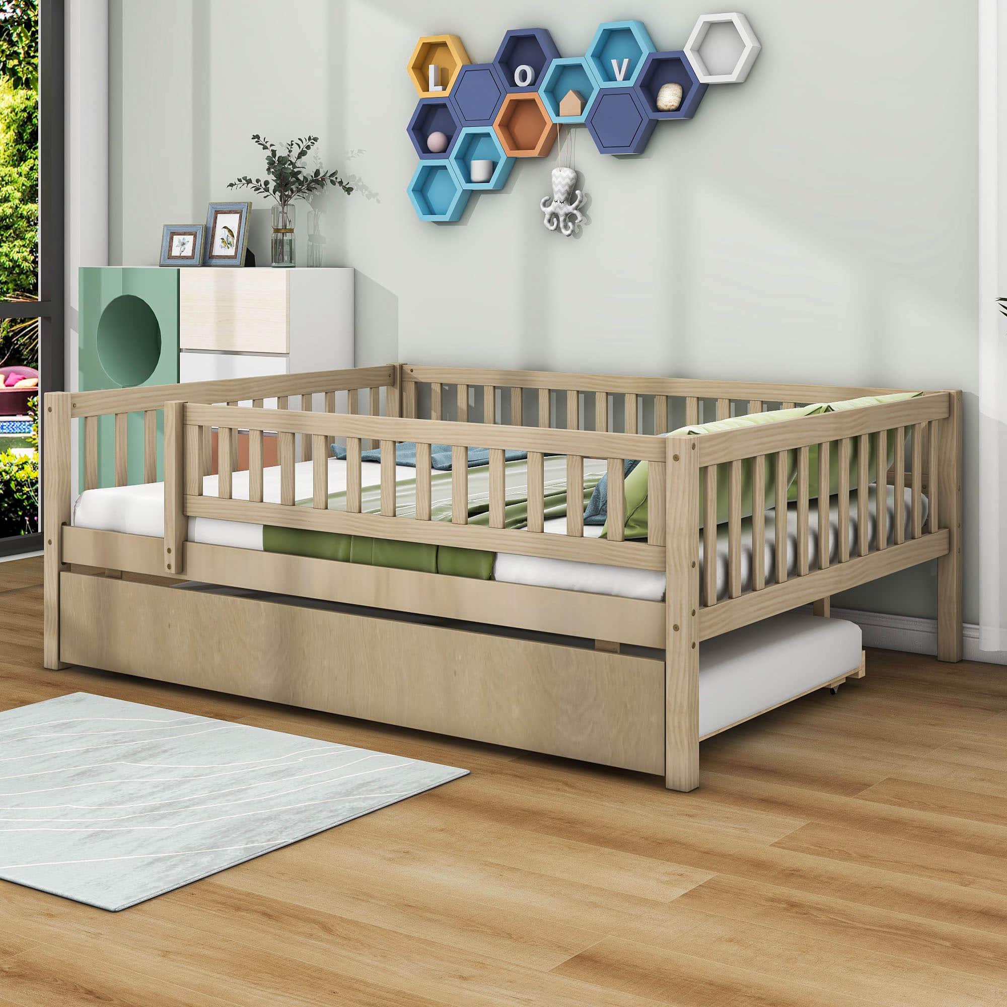 Wooden Full Size Low Kids Bed with Twin Size Trundle and Rails