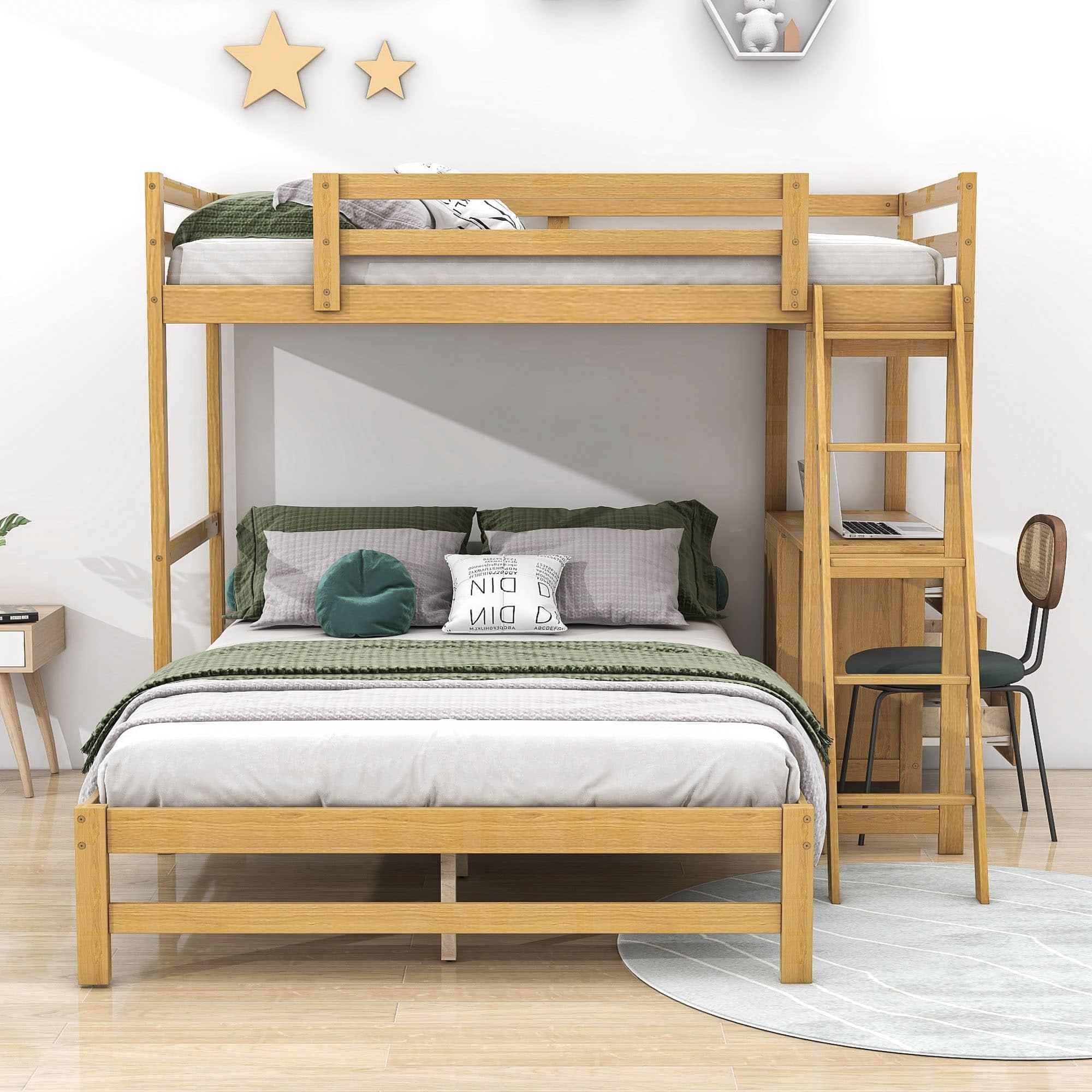 Twin Over Full Bunk Beds with Desk and Storage Drawers - [Wooden, Detachable, L-Shaped]