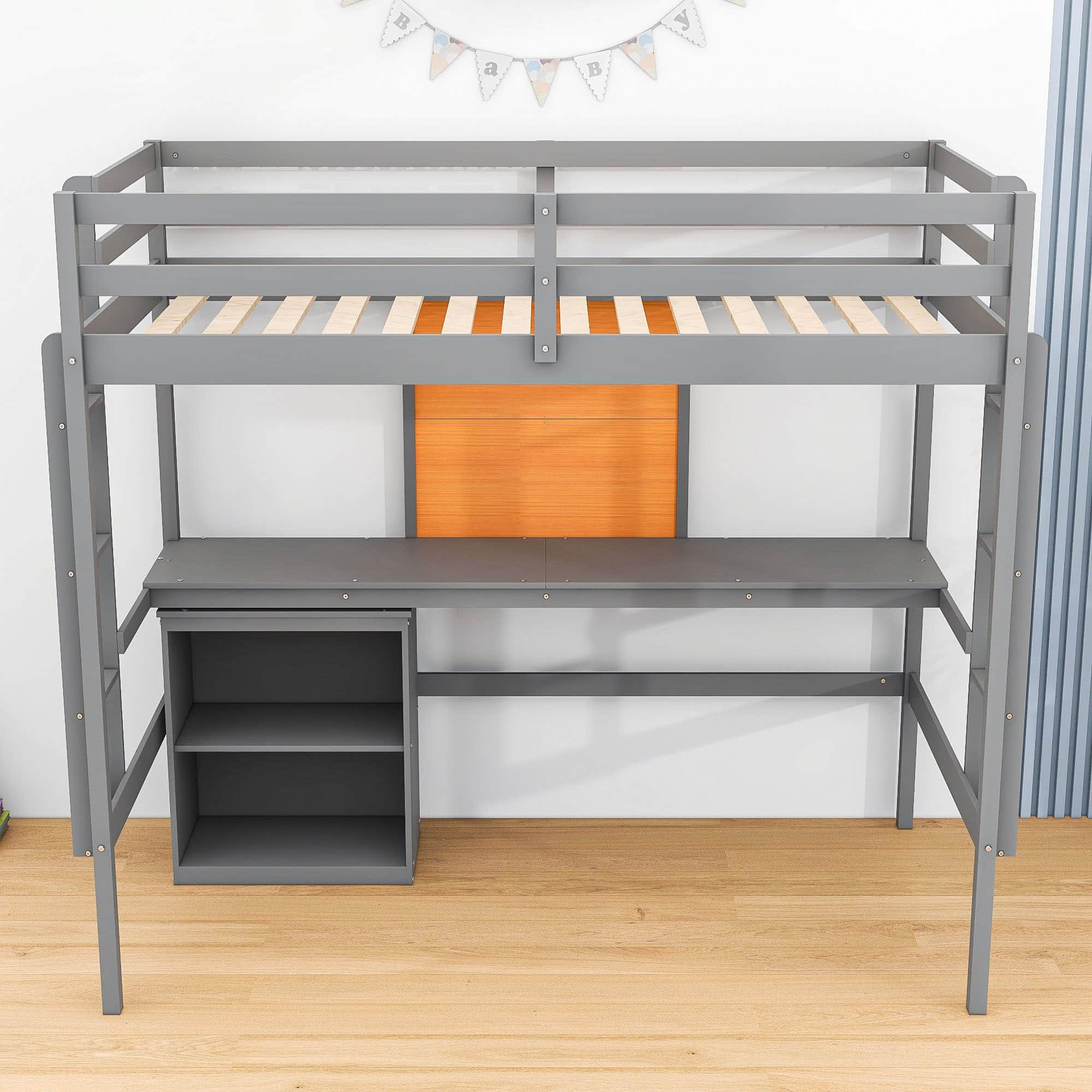 Wood Twin Loft Bed with Desk and Storage for Adults, Kids - [Cabinet]