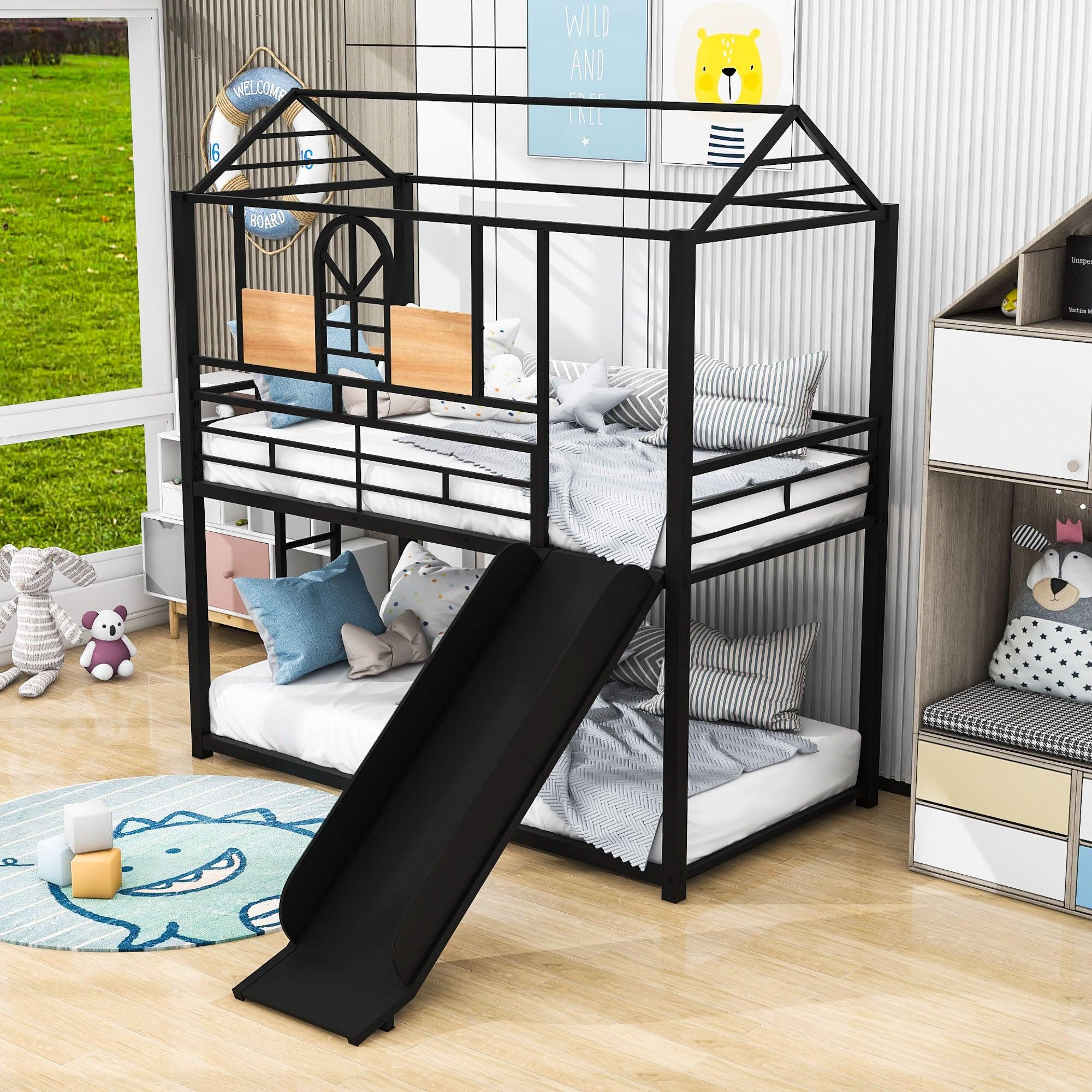 Low House Twin Over Twin Bunk Beds with Slide for Kids Toddler - [Metal]