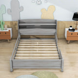 Wood Full Low Kids Platform Bed Frame with Rails and Storage Headboard