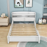 Wood Full Low Kids Platform Bed Frame with Rails and Storage Headboard