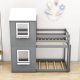 Wooden Twin Over Twin Low Bunk Beds for Kids with Fun Roof and Window