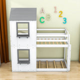 Wooden Twin Over Twin Low Bunk Beds for Kids with Fun Roof and Window