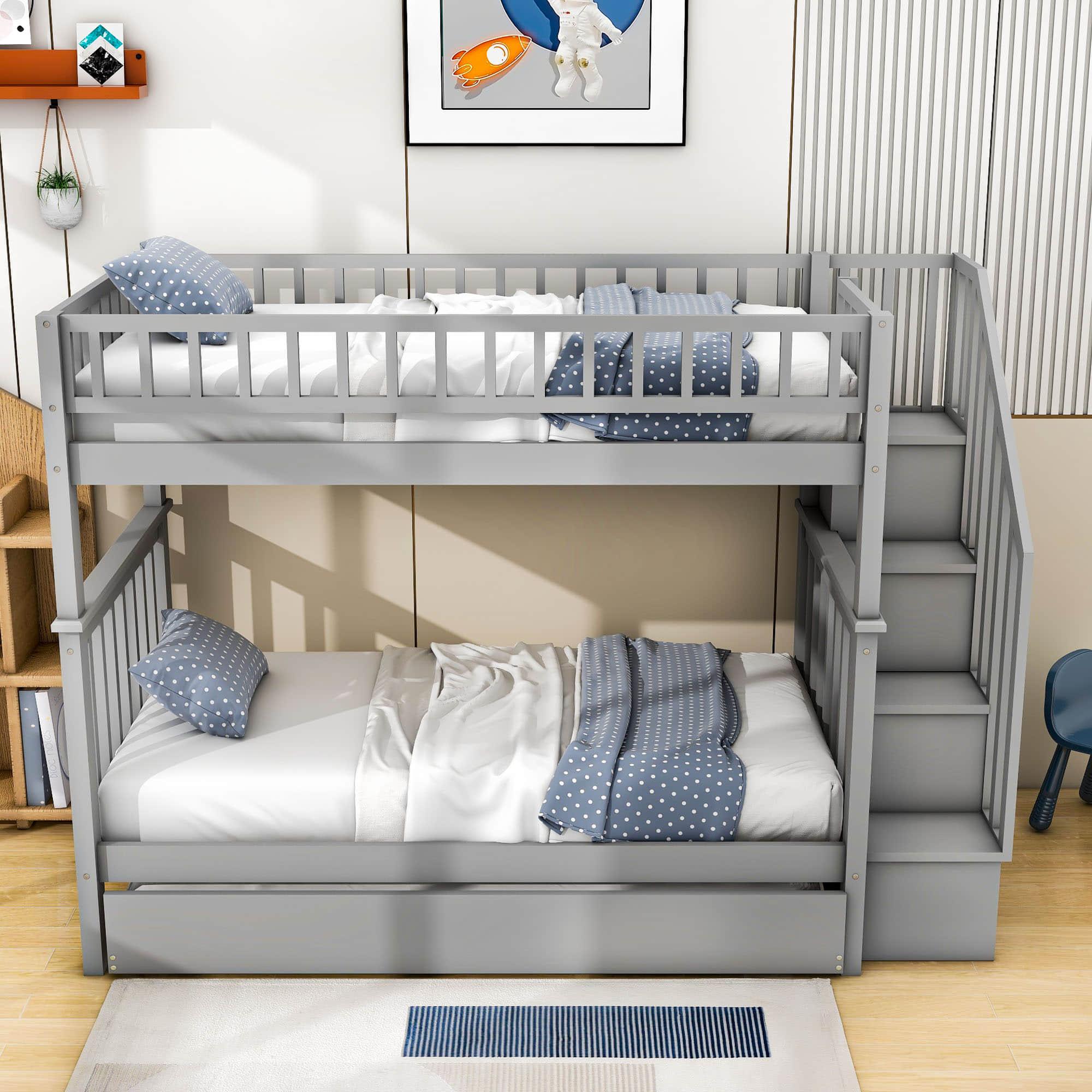 Convertible Twin Over Twin Bunk Bed with Stairs and Storage, Trundle