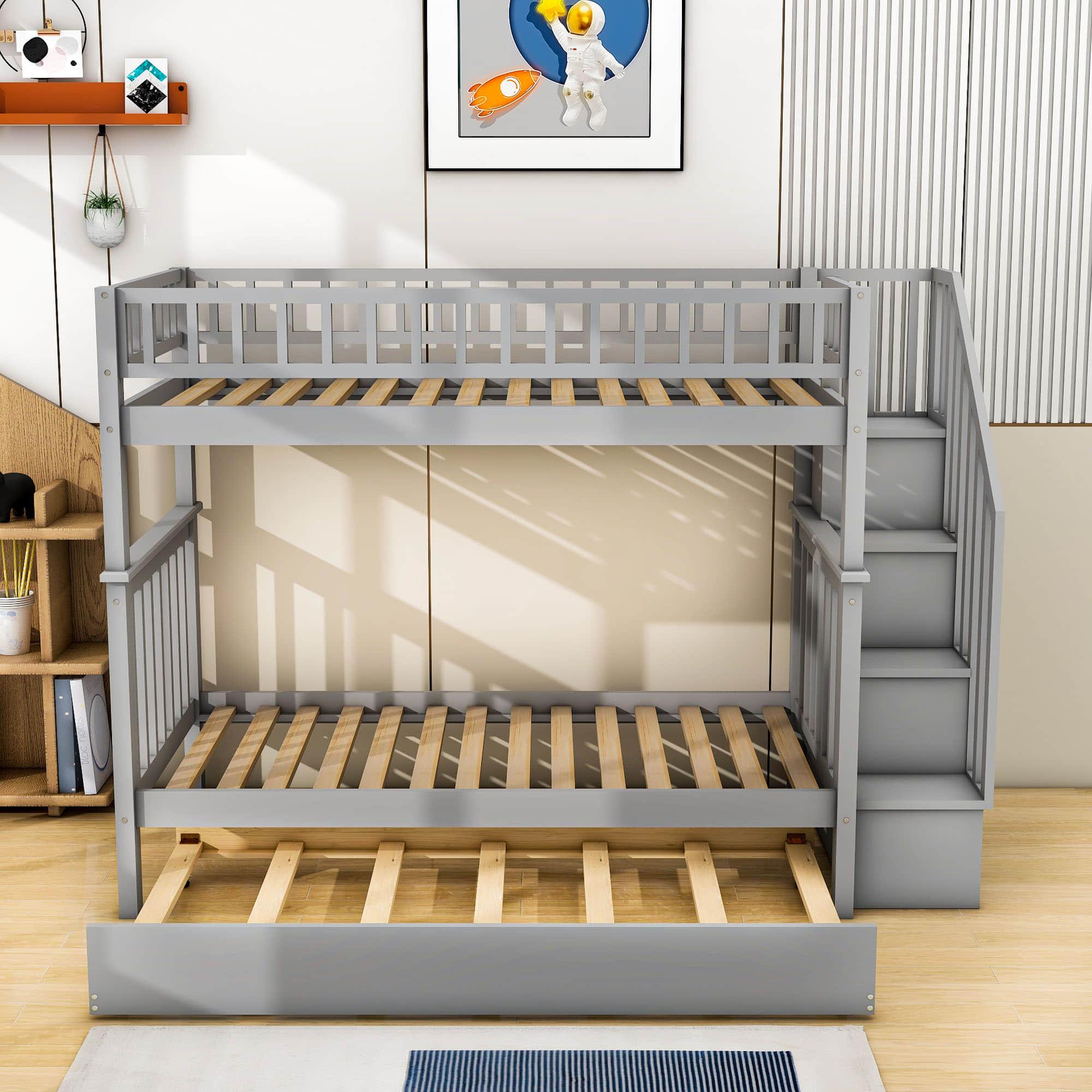 Convertible Twin Over Twin Bunk Bed with Stairs and Storage, Trundle