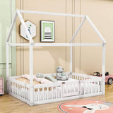 Full Size Wood House Toddler Floor Bed with Rails and Door