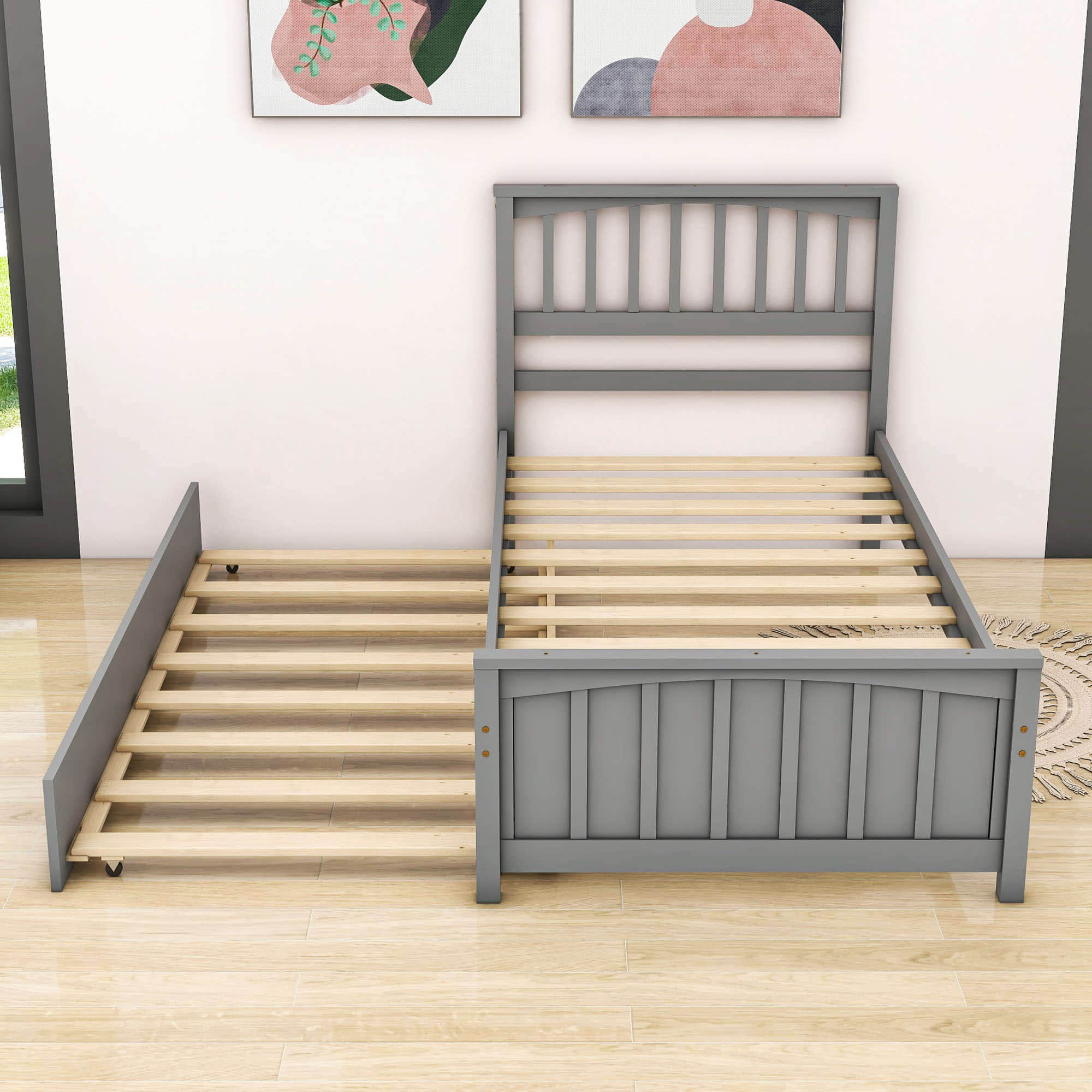 Twin Size Wood Platform Bed with Twin Trundle and Headboard