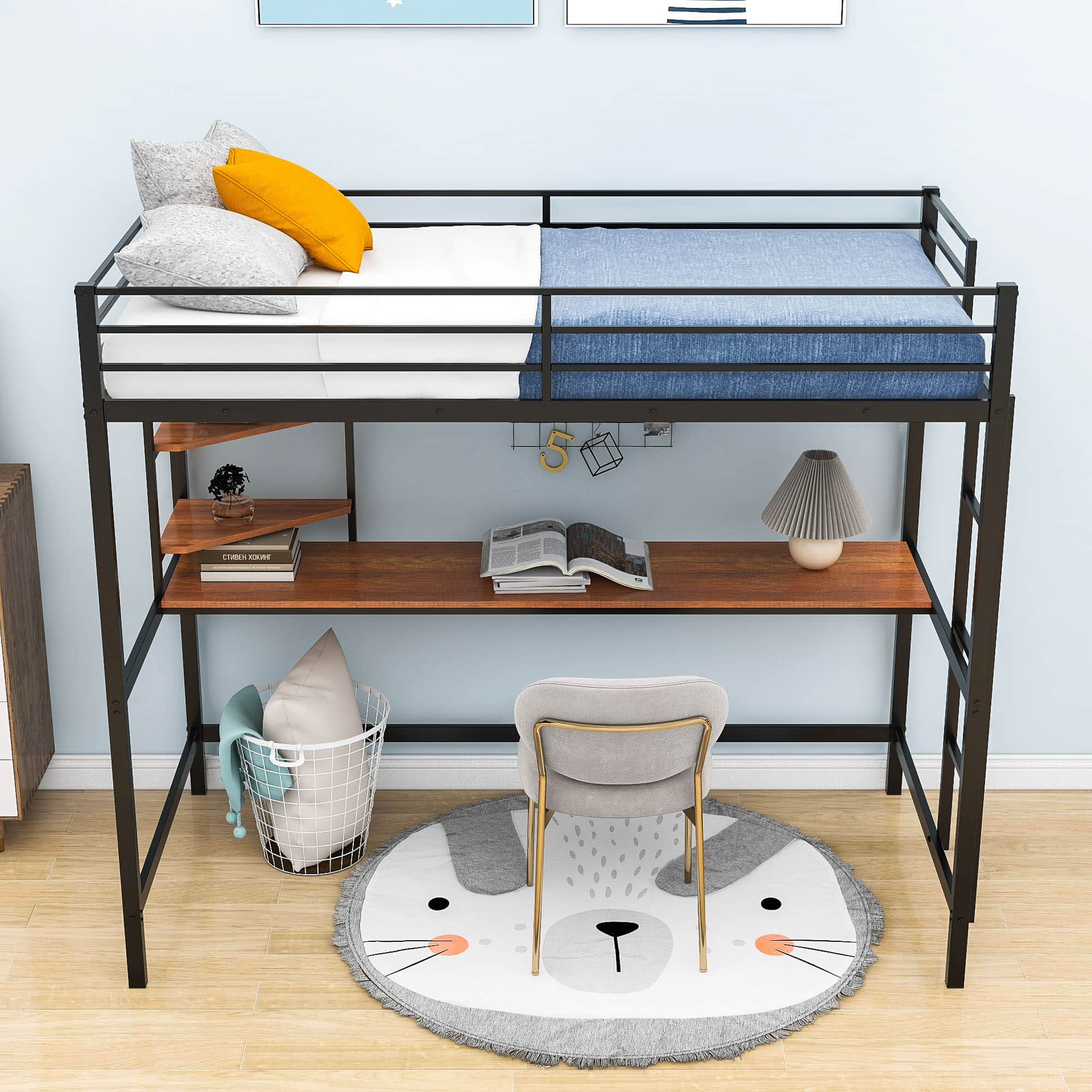 Metal Twin Loft Bed with Desk and Storage Shelves for Adults, Teens