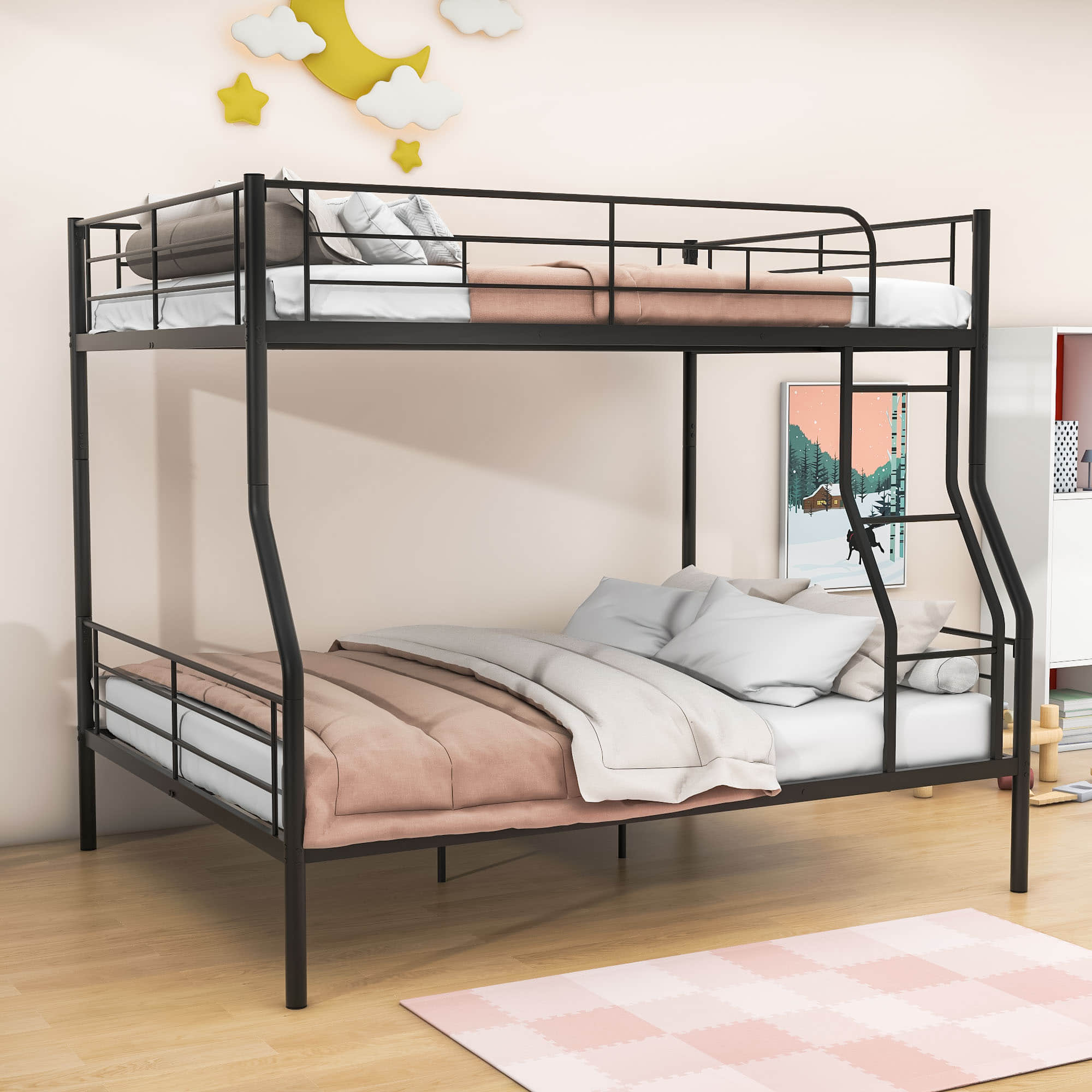 Full XL Over Queen Convertible Metal Bunk Beds for Adults, Kids