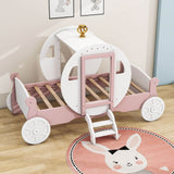 Twin Wood Girls Princess Bed with Stairs - [Carriage Bed with Crown]