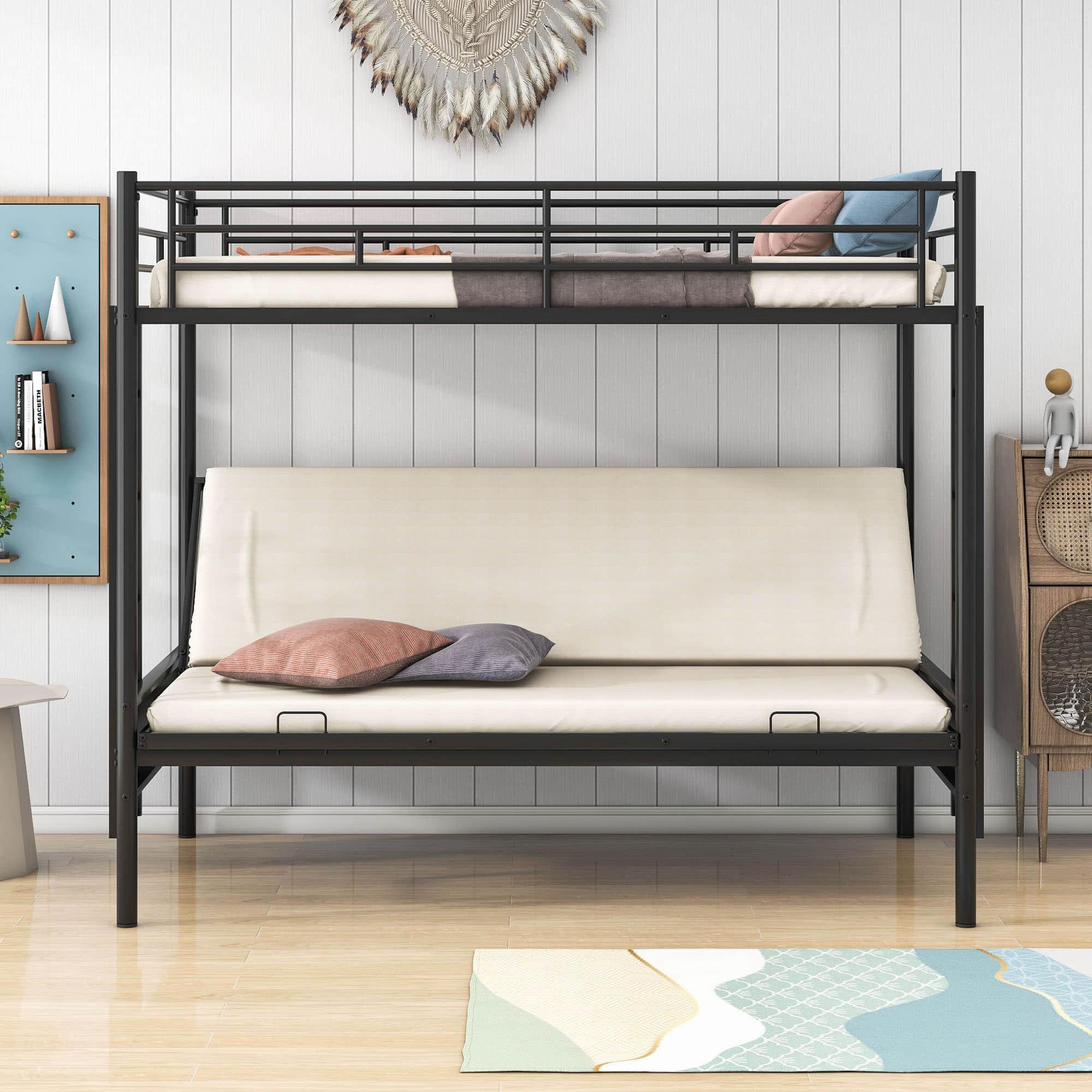 Twin Over Full Futon Bunk Beds with 2 Ladders - [Black, Metal]