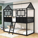 Twin Over Twin Low House Bunk Beds for Kids, Toddler - [Metal, Floor, Black]