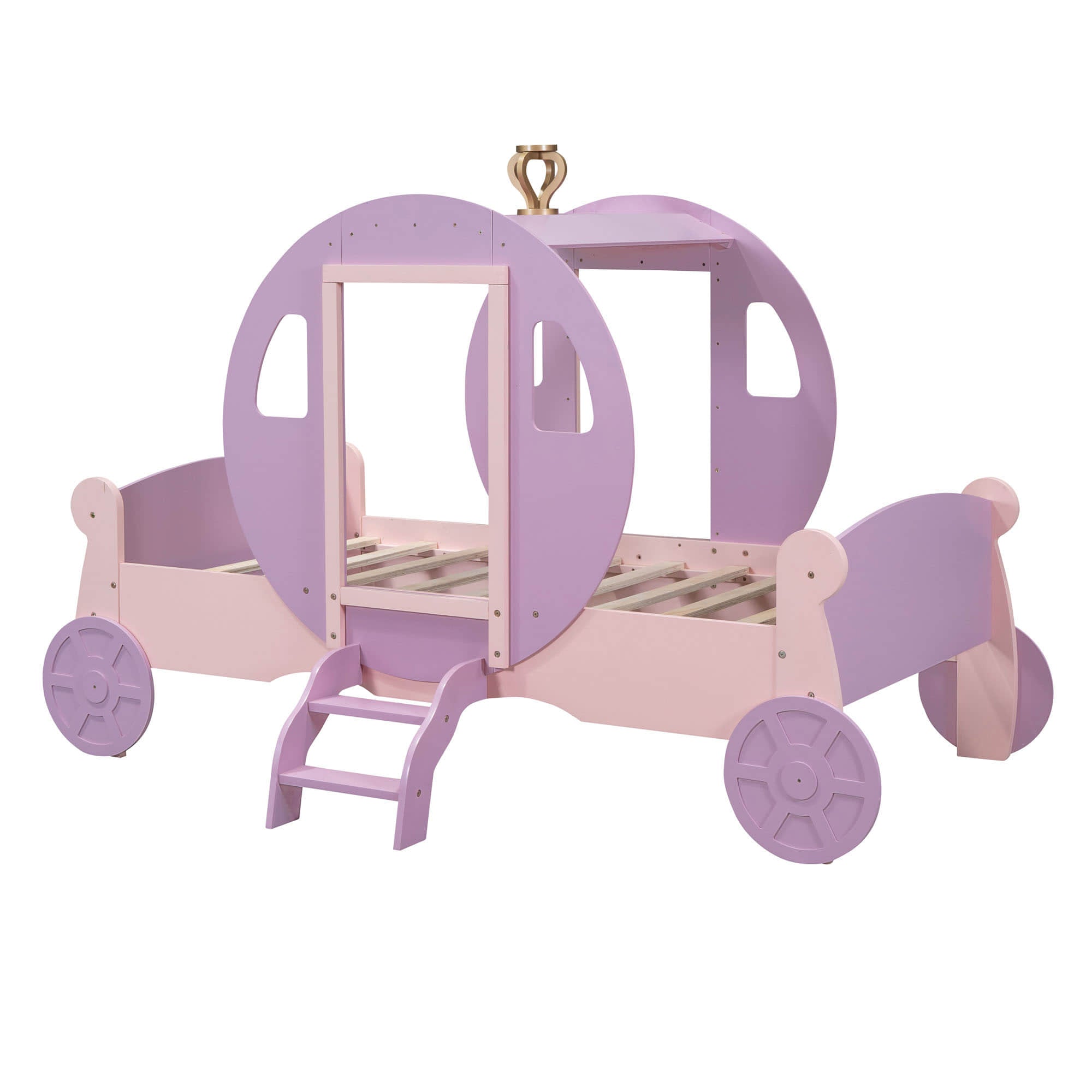 Twin Wood Girls Princess Bed with Stairs - [Carriage Bed with Crown]