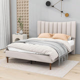 Full Size Linen Upholstered Platform Low Bed Frame with Headboard