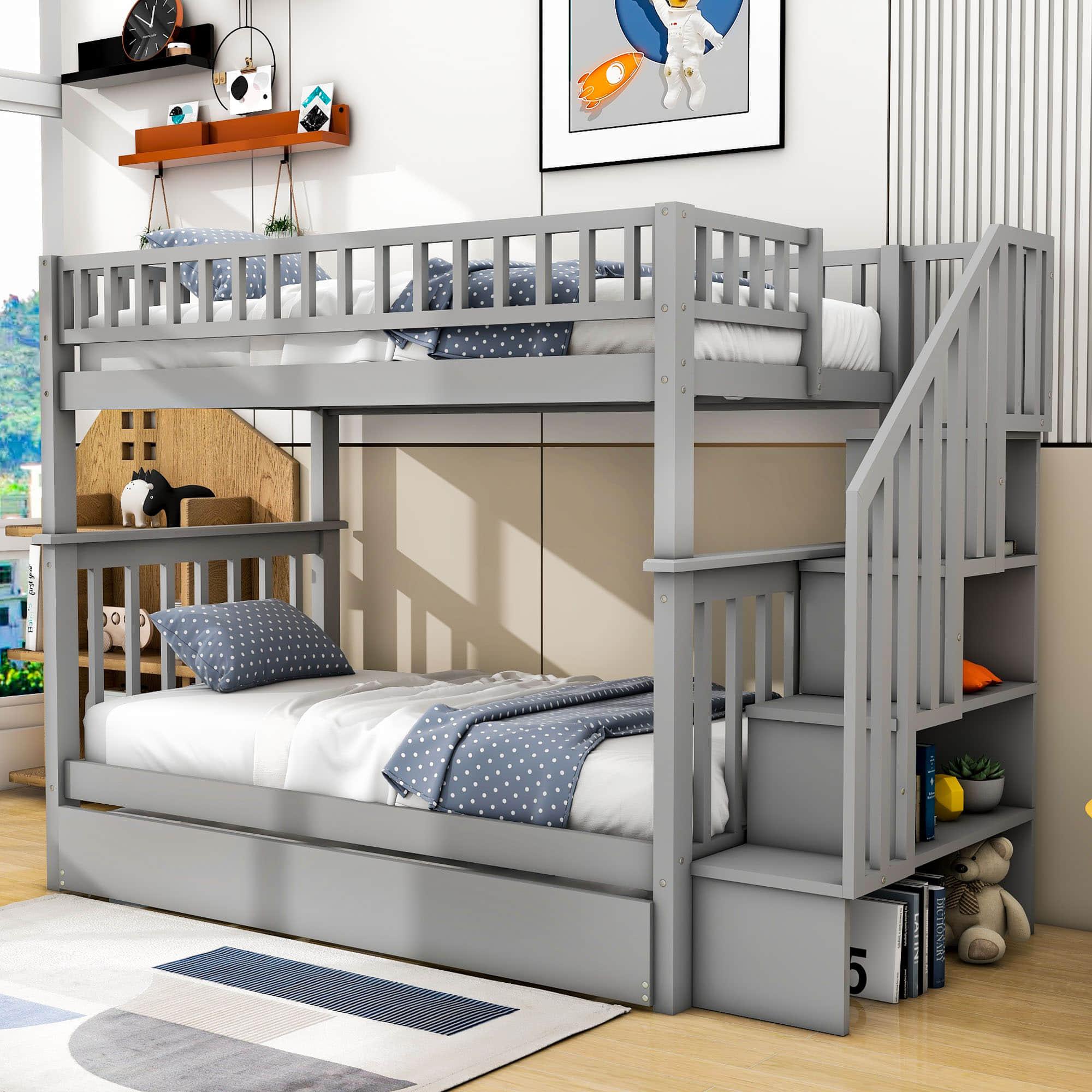 Convertible Twin Over Twin Bunk Bed with Stairs and Storage, Trundle