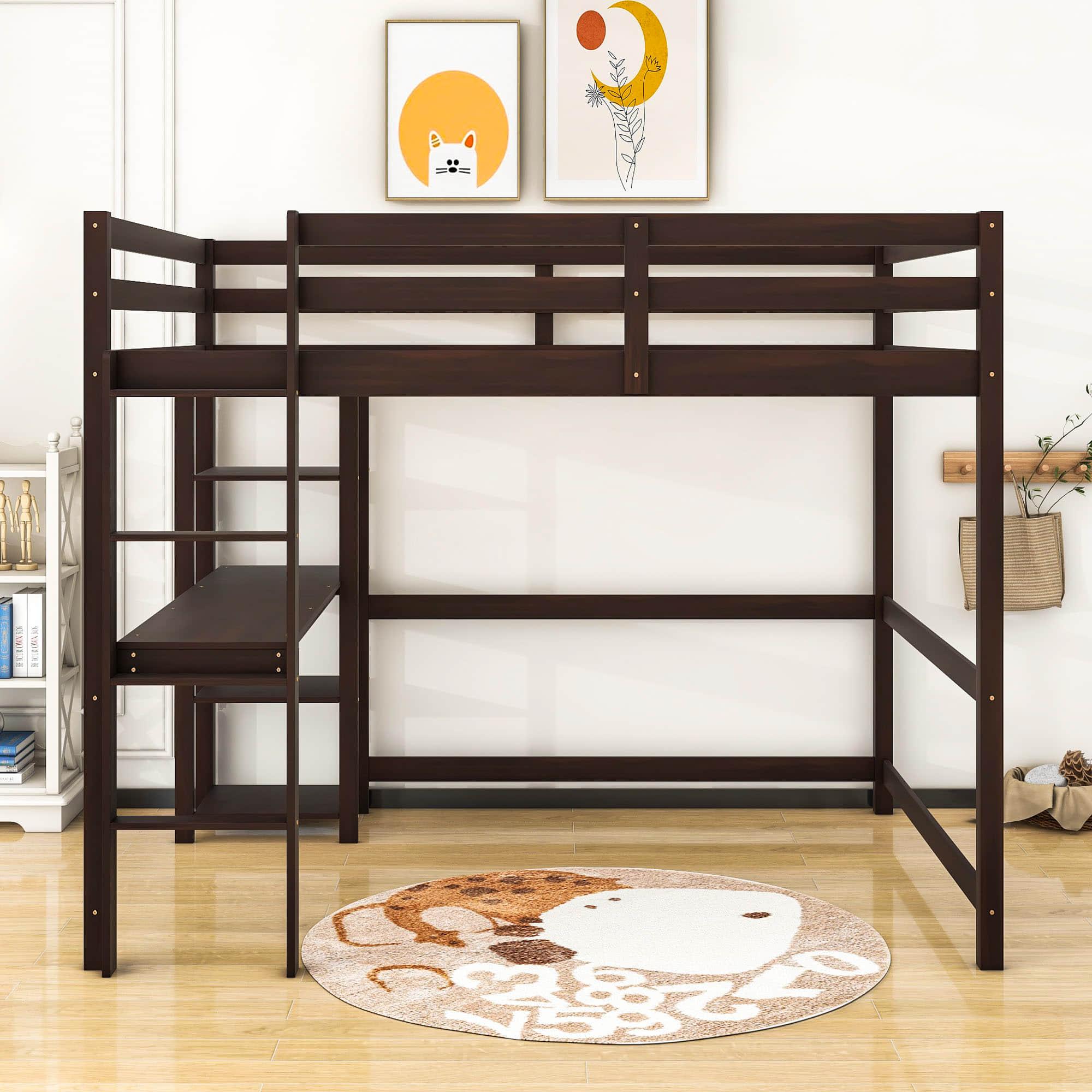 Wood Full Size Loft Bed with Desk and Storage Shelves for Kids, Teens