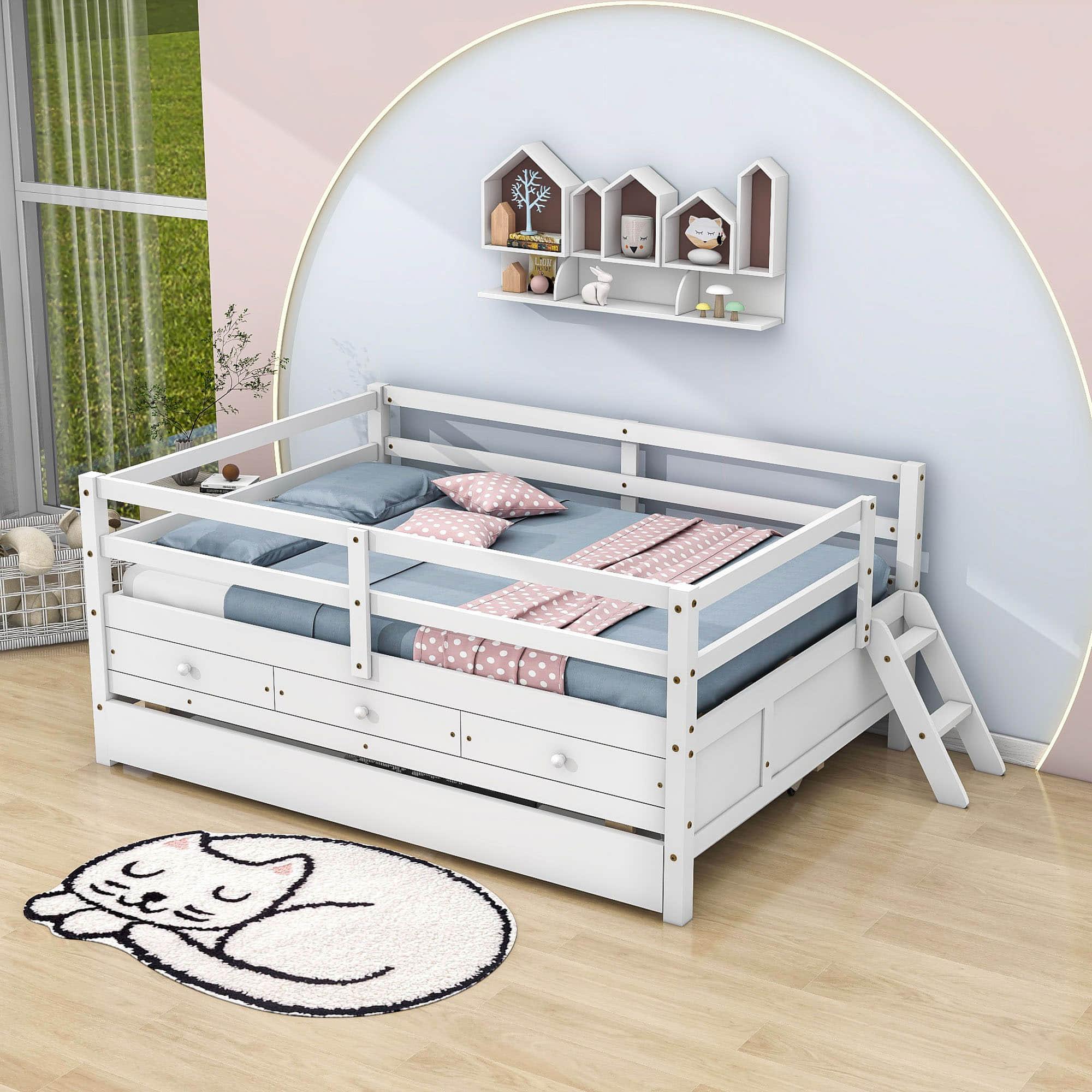 Solid Wood Low Full Size Kids Bed with Trundle and Storage - [Drawers, Rails]