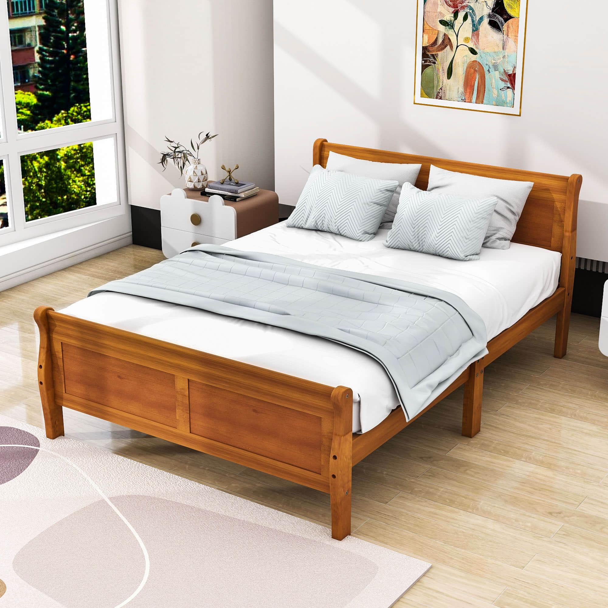 Wooden Full Size Platform Bed with Headboard - [Sleigh]