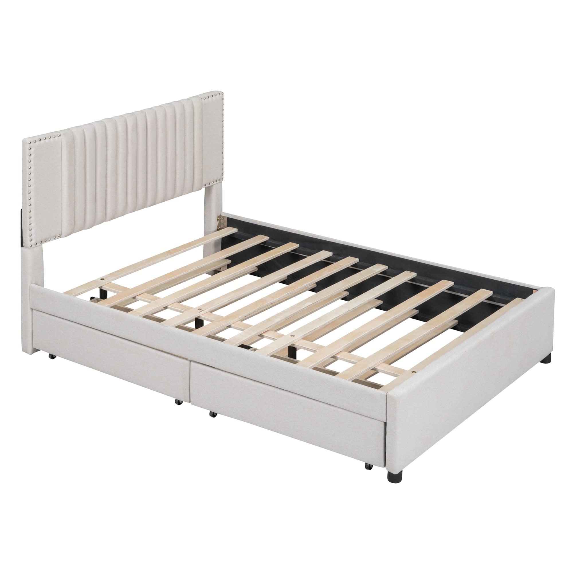 Upholstered Full Size Platform Bed Frame with Storage and Twin Trundle - [Drawers, Headboard]