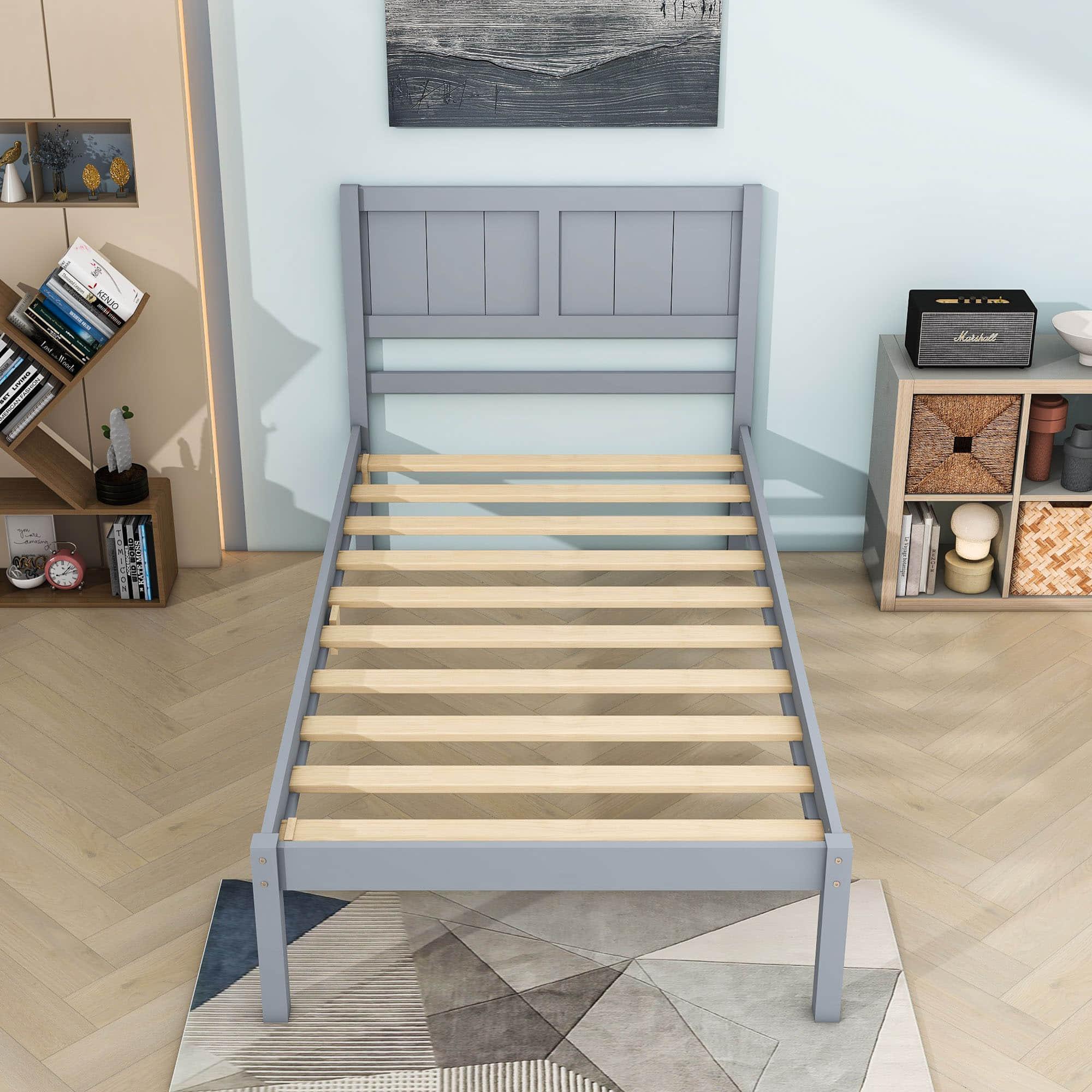 Twin Wooden Platform Bed with Headboard