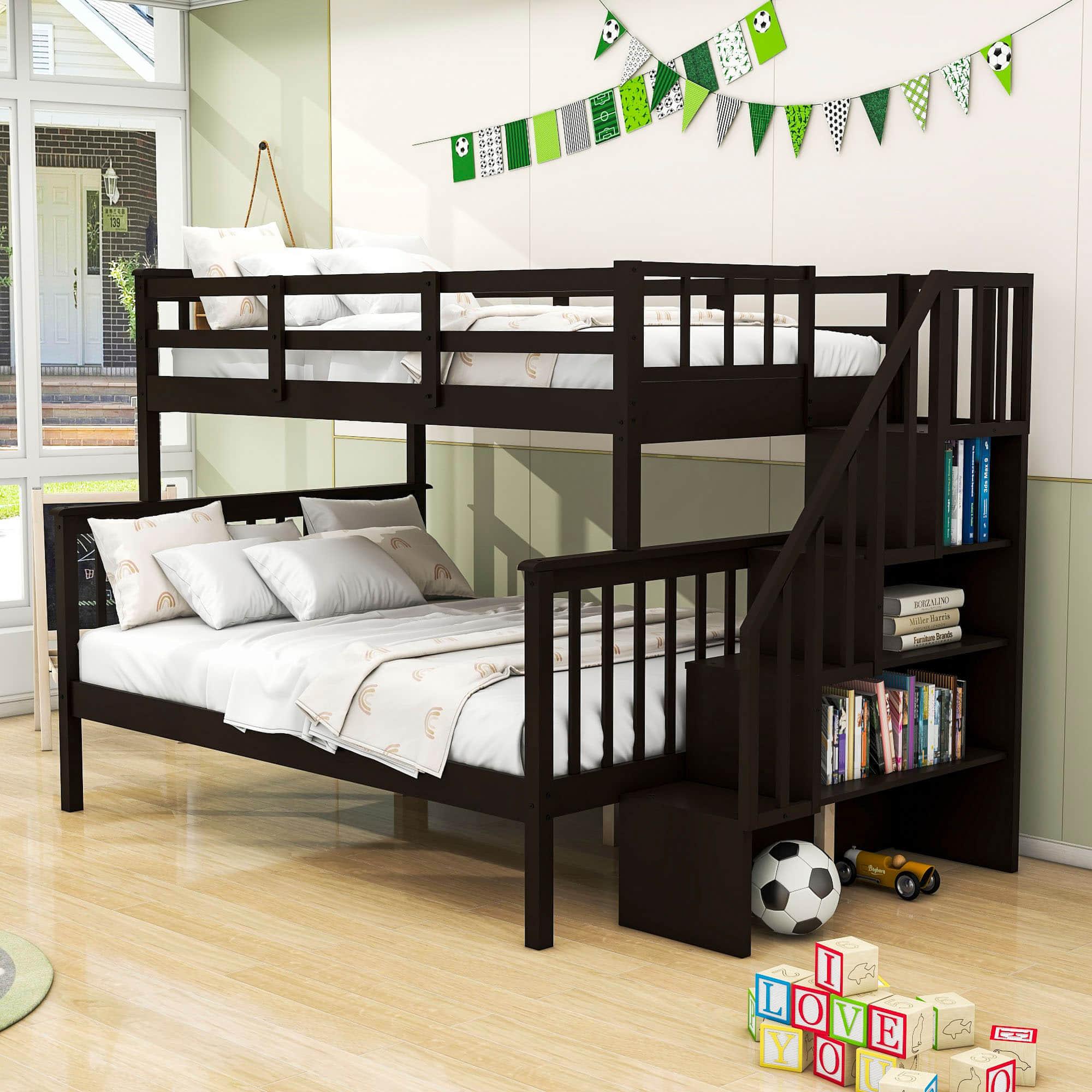 Wood Twin Over Full Bunk Bed with Storage and Stairs - [Shelves, Classic]