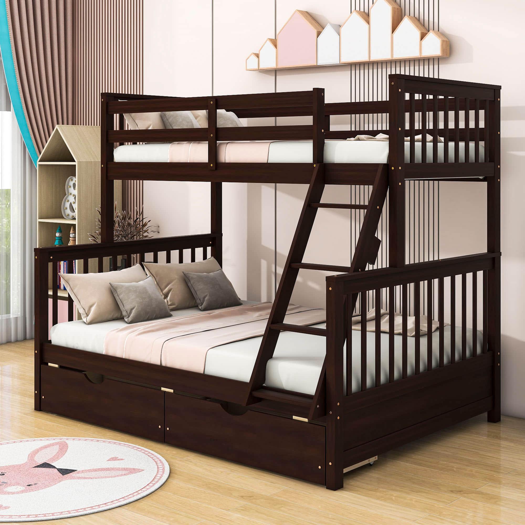 Wooden Classic Twin Over Full Bunk Bed with Ladder and Storage Drawers