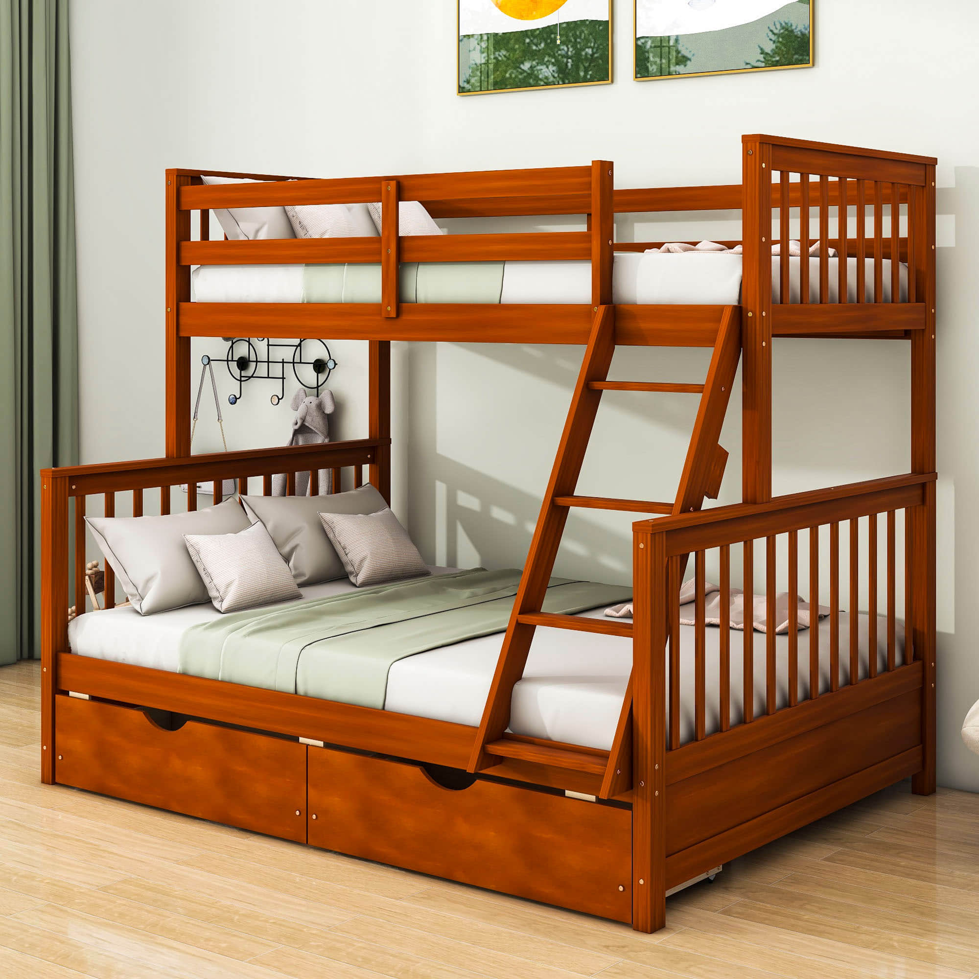 Wooden Classic Twin Over Full Bunk Bed with Ladder and Storage Drawers