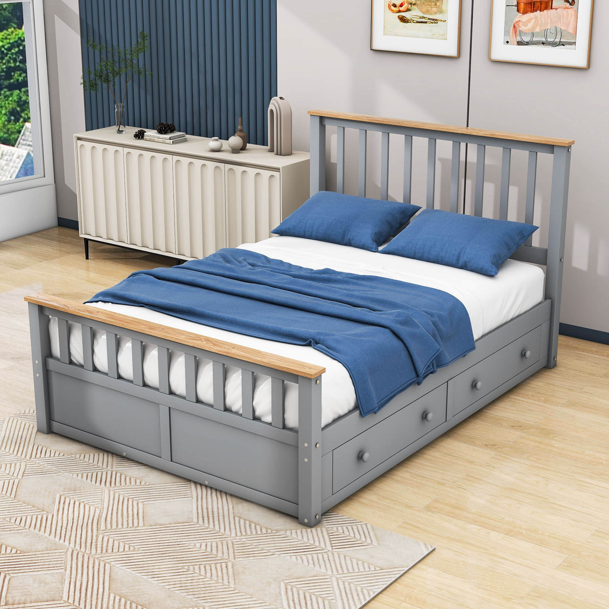 Wooden Full Size Platform Bed Frame with Storage and Slat Headboard