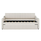 Twin Upholstered Daybed with Convertible Rising Trundle and USB Charging Socket