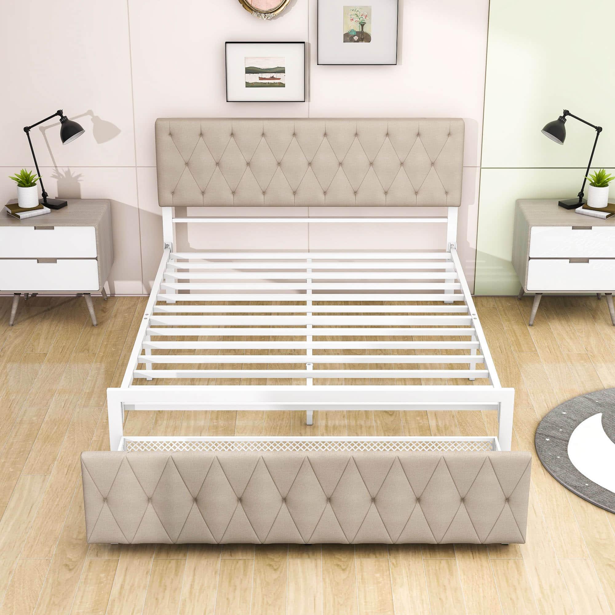 Metal Queen Size Upholstered Storage Bed with Headboard and Drawers