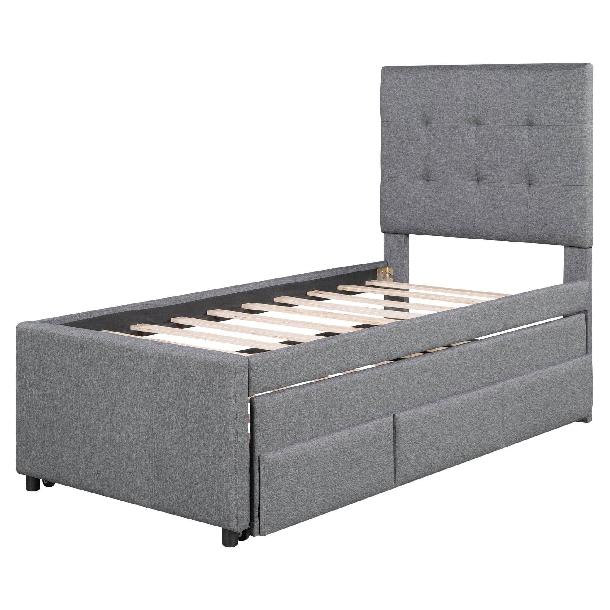 Twin Linen Upholstered Platform Bed Frame with Storage and Trundle