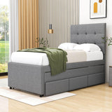 Twin Linen Upholstered Platform Bed Frame with Storage and Trundle