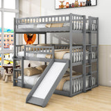 Low Triple Full Size Bunk Beds with Slide for Kids Toddler - [Wooden, Floor]