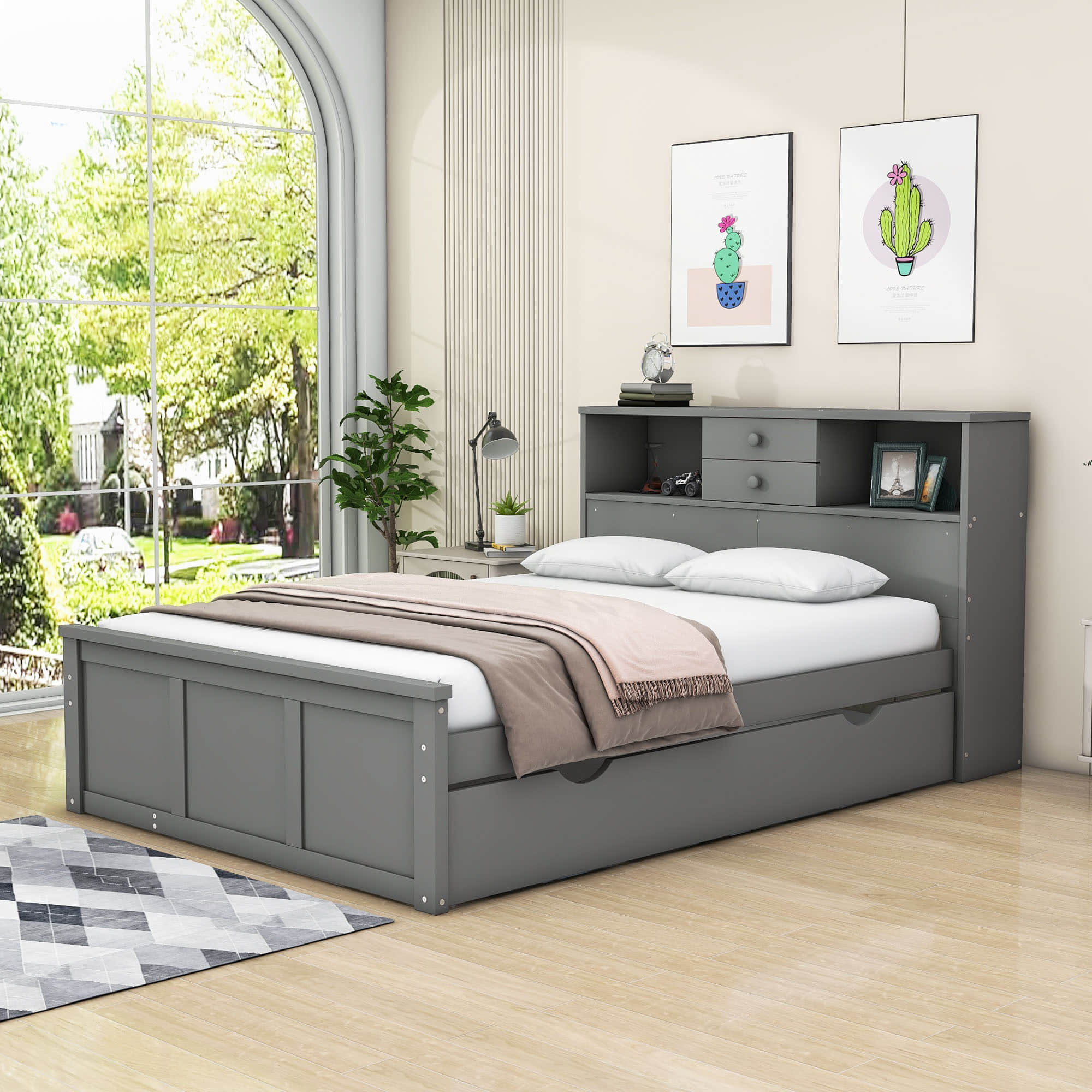 Wood Smart Full Platform Bed with Twin Trundle and Storage Headboard