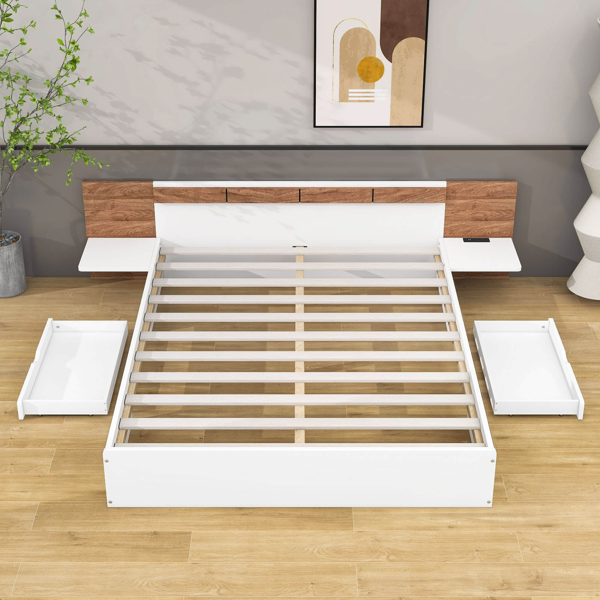 Wooden Queen Bed Frame with Headboard and Storage Drawers