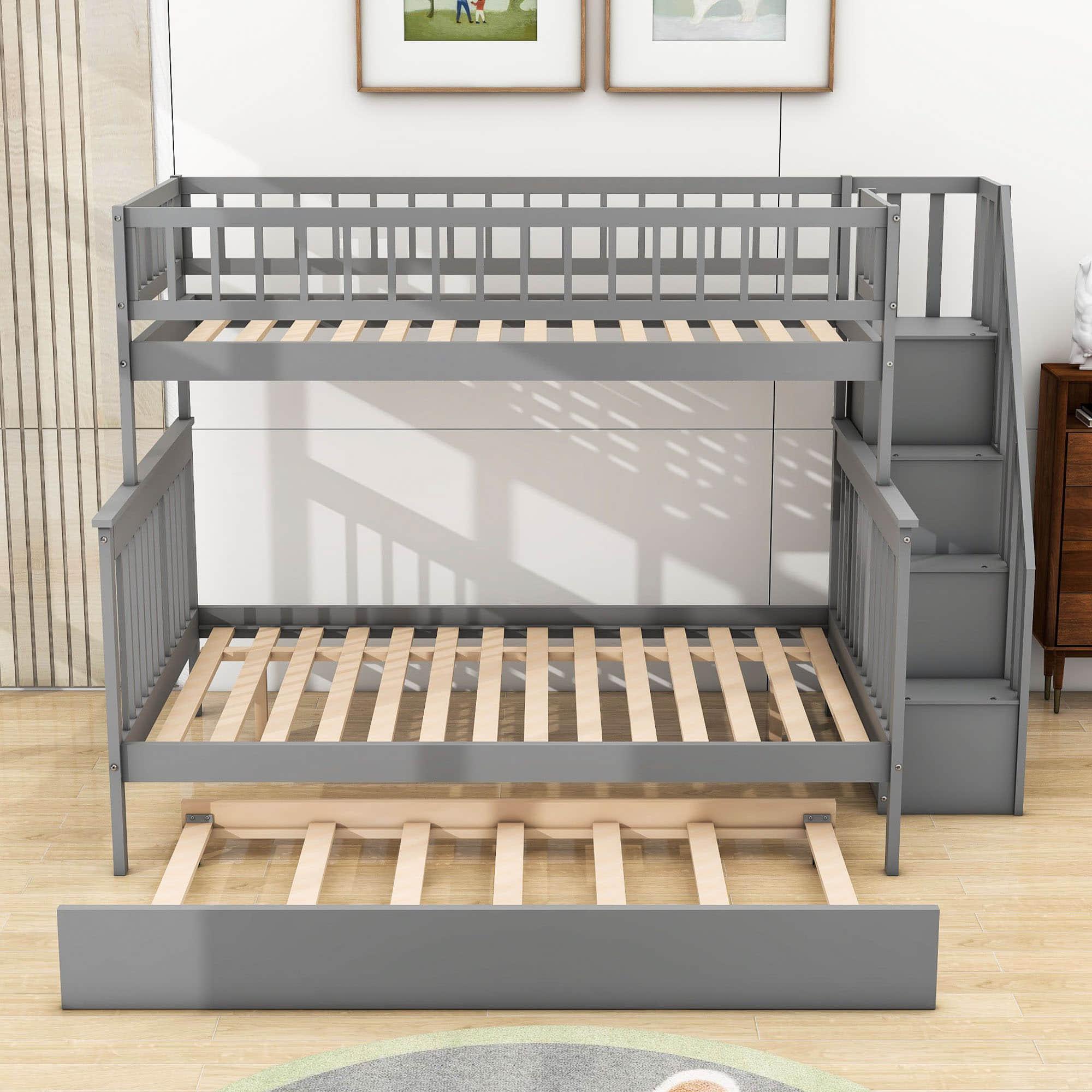 Wooden Twin Over Full Bunk Bed with Stairs and Trundle, Storage Shelves