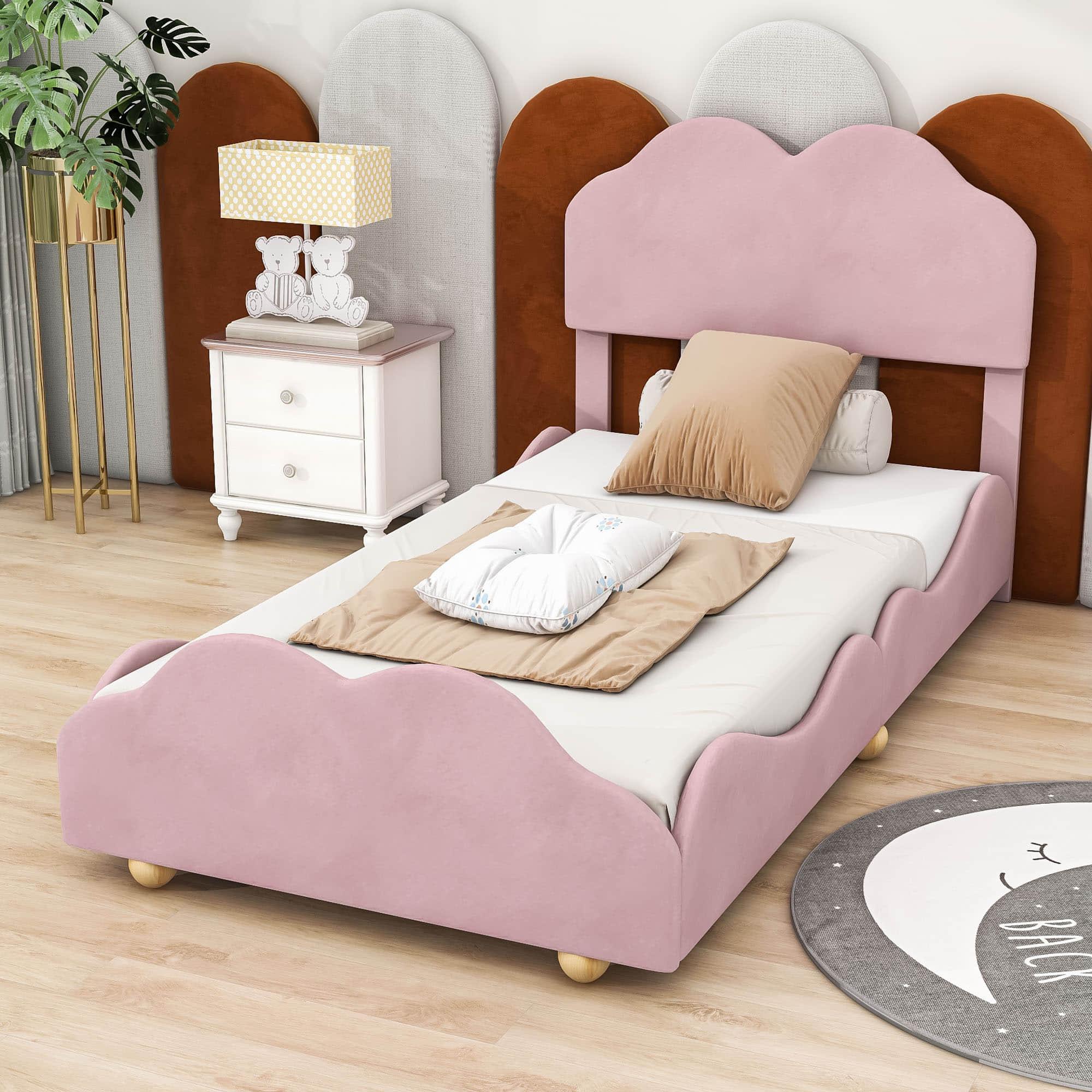 Twin Upholstered Princess Platform Bed Frame with Headboard for Girls